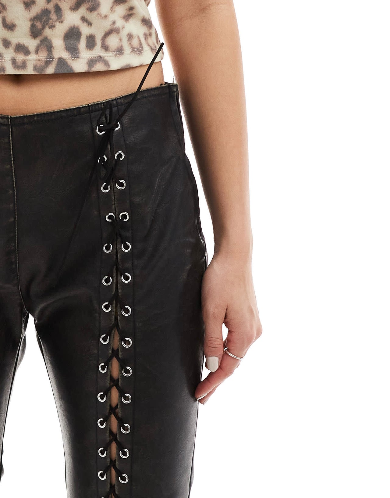 Pull&Bear corset detail faux leather trouser in brown