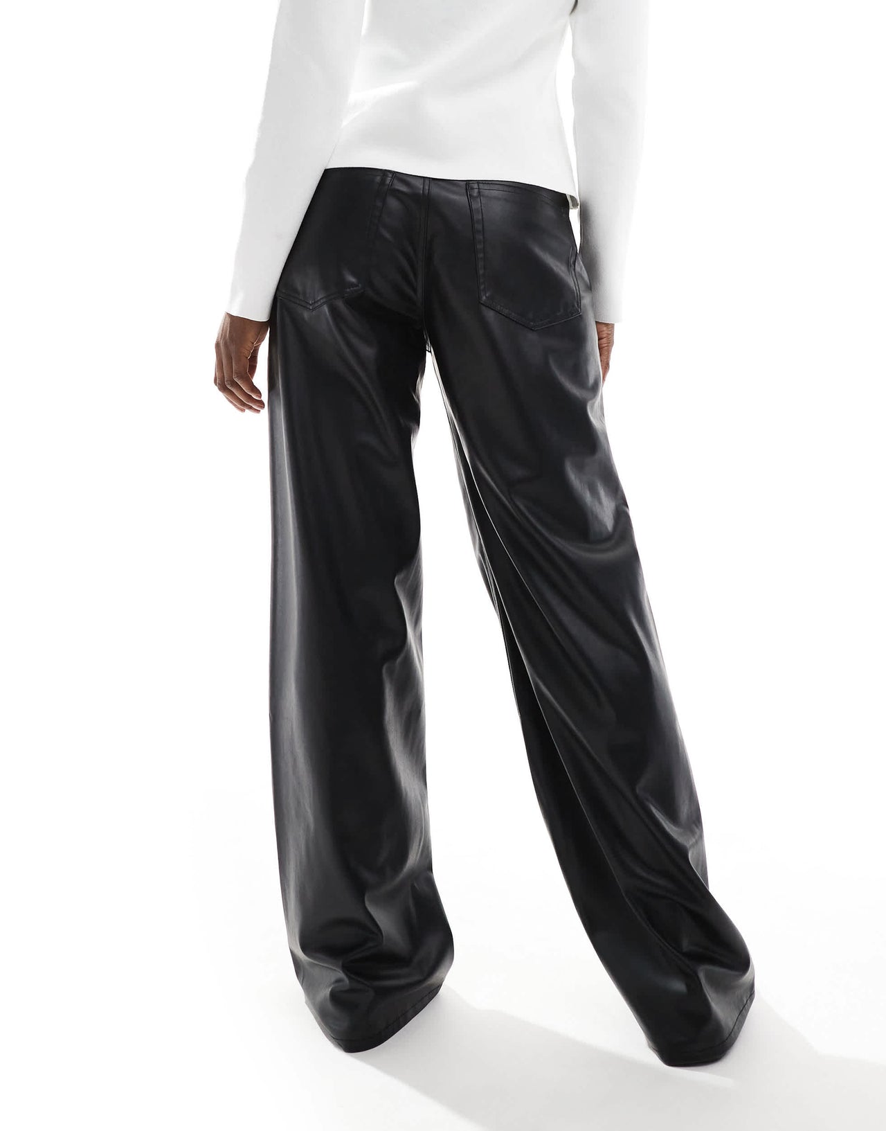 Pull&Bear wide leg faux leather trouser in black
