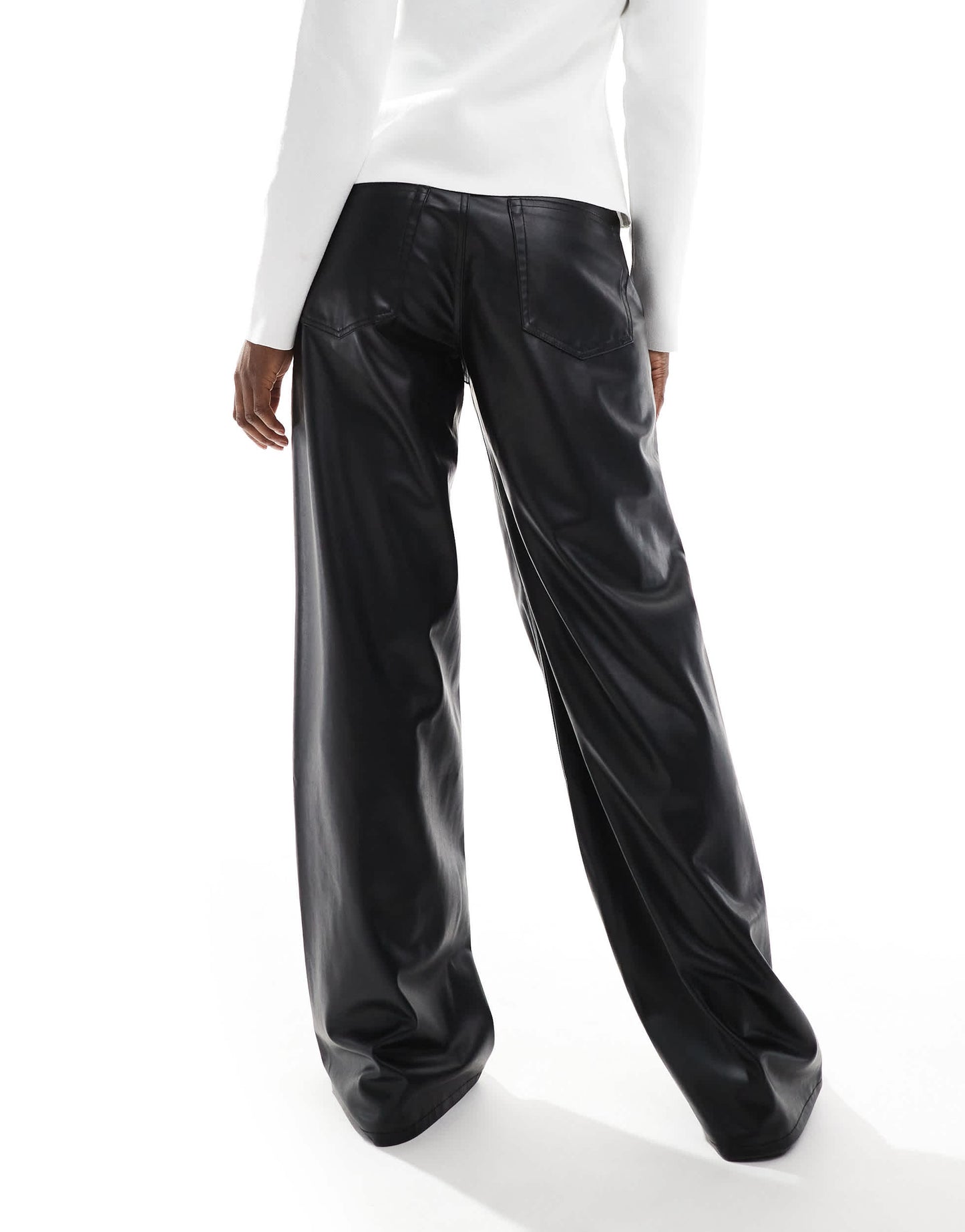 Pull&Bear wide leg faux leather trouser in black