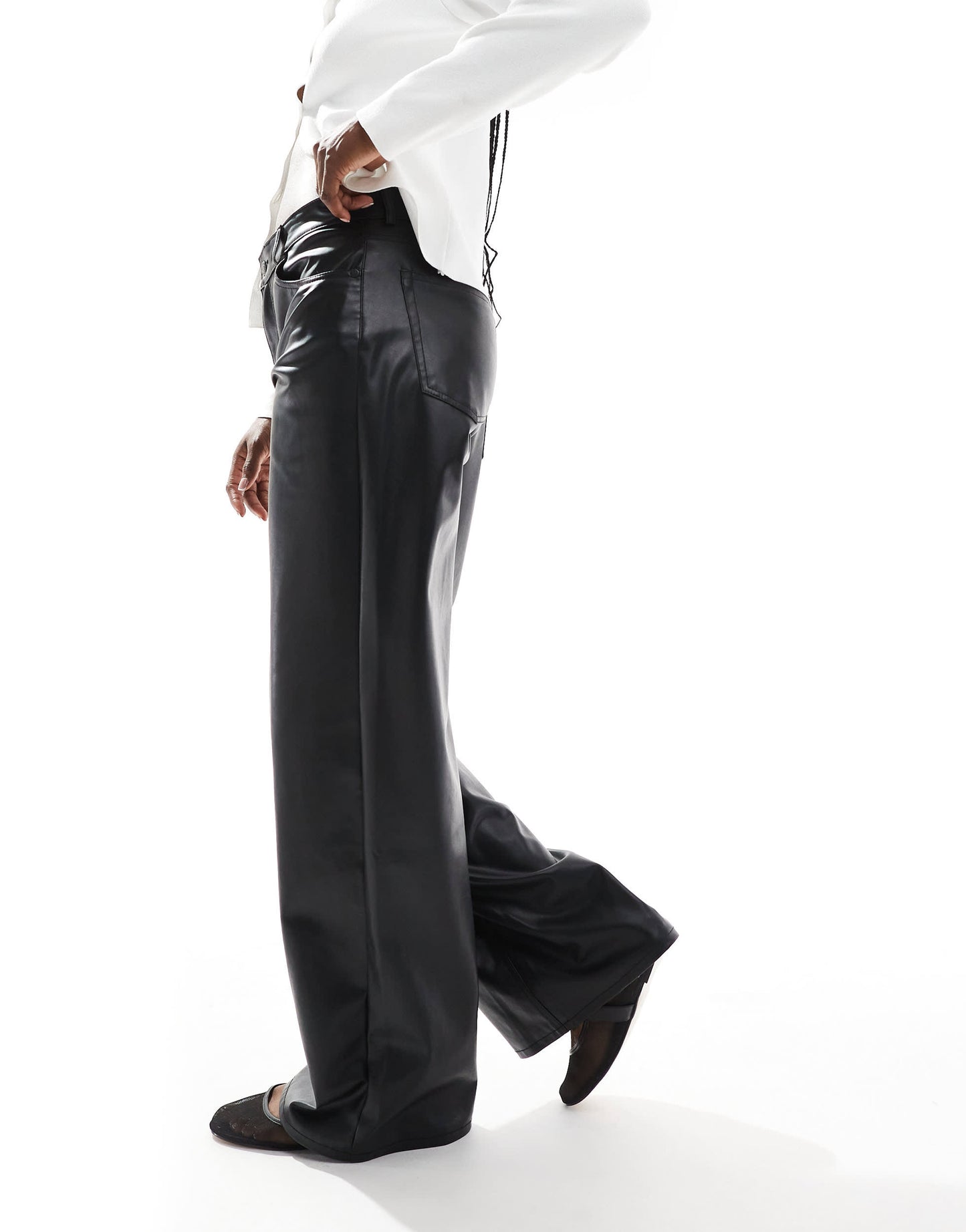 Pull&Bear wide leg faux leather trouser in black