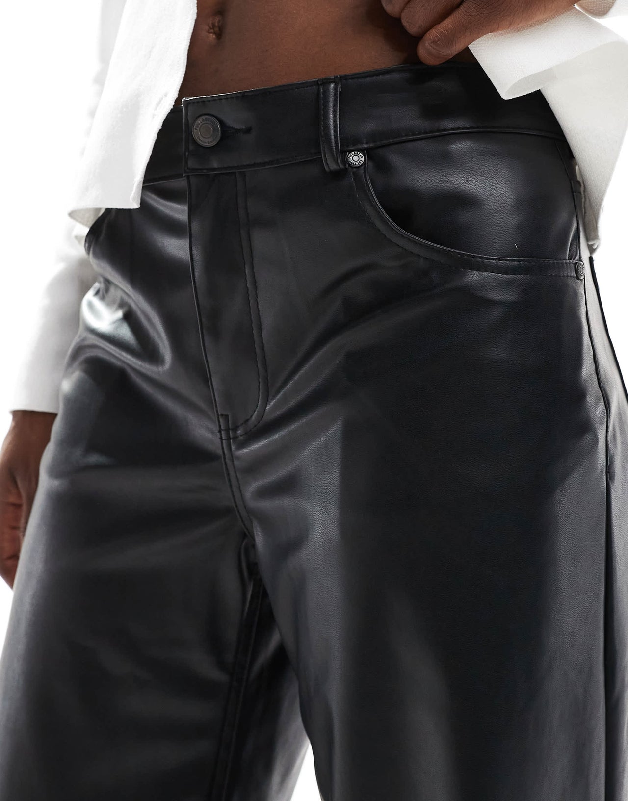 Pull&Bear wide leg faux leather trouser in black