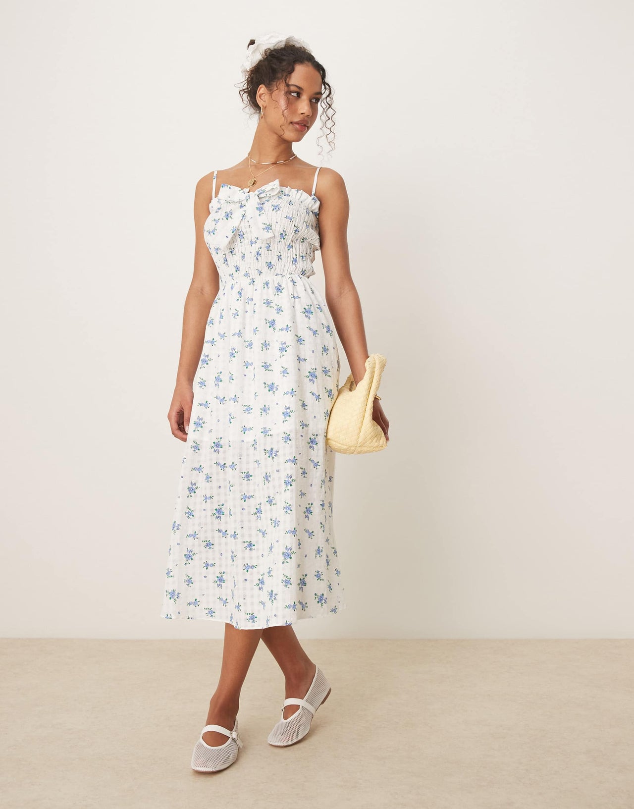 Glamorous thin strap maxi dress with front bow in blue floral