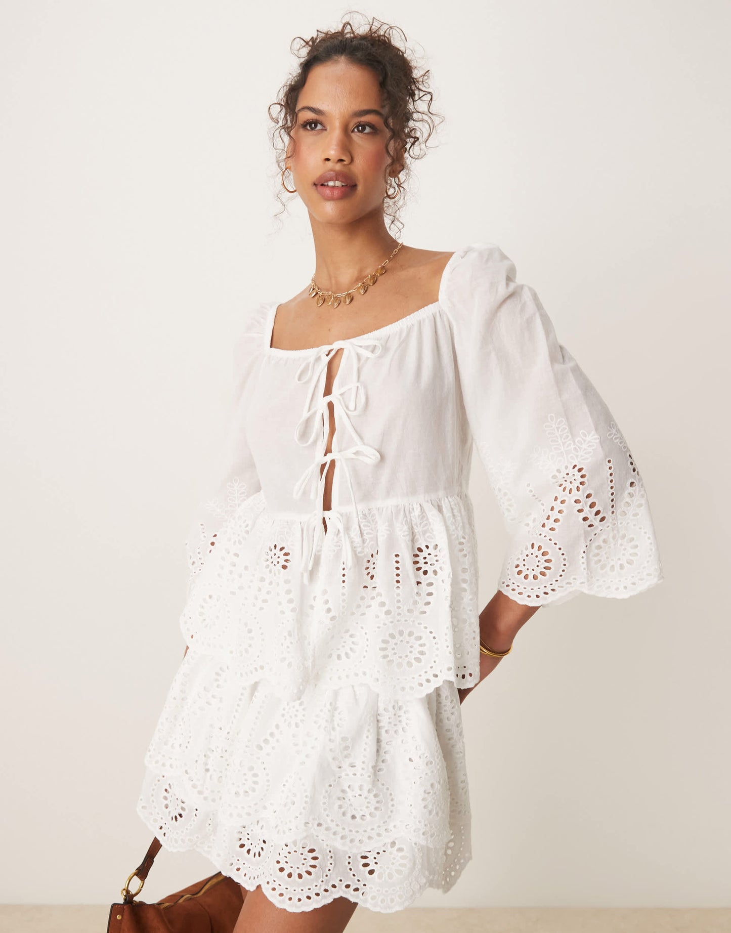 Glamorous boho lightweight broderie cutwork tie front blouse in white co-ord