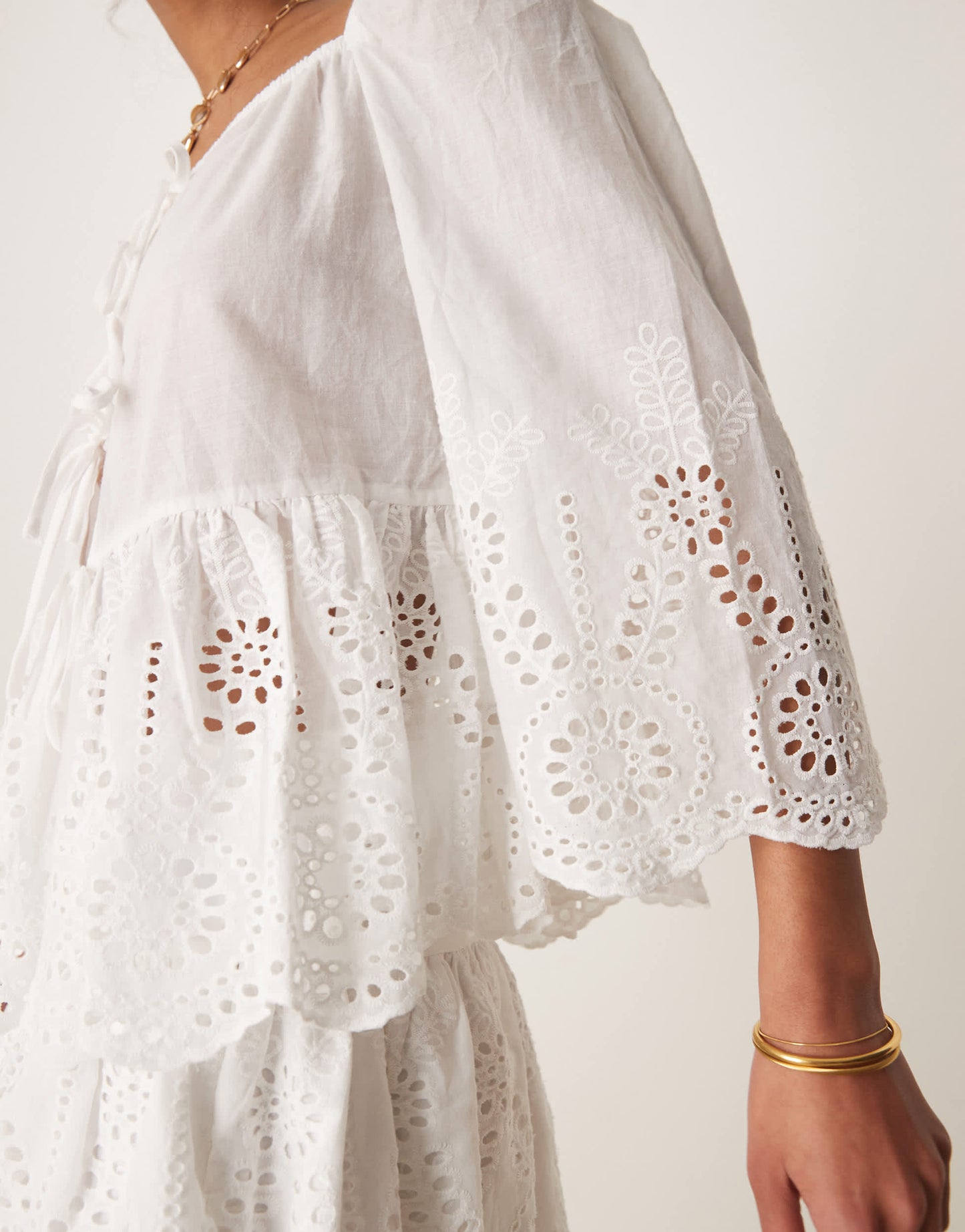 Glamorous boho lightweight broderie cutwork tie front blouse in white co-ord