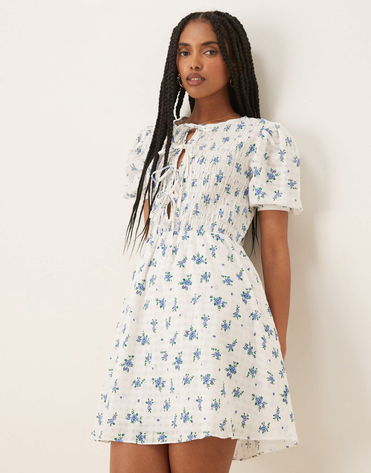 Glamorous bow detail puff sleeve dress in blue floral