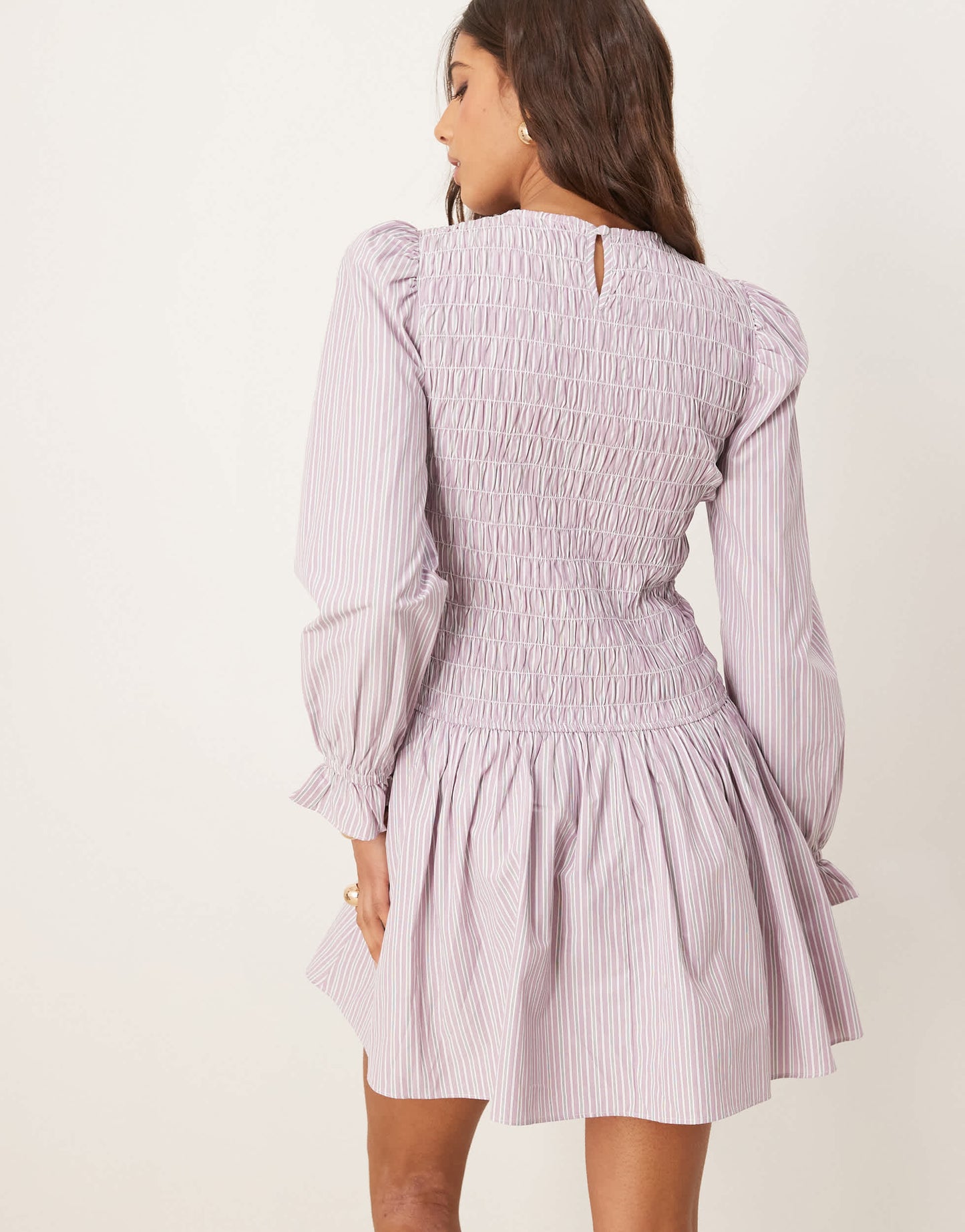 Glamorous long sleeve shirred drop waist poplin dress in lilac stripe