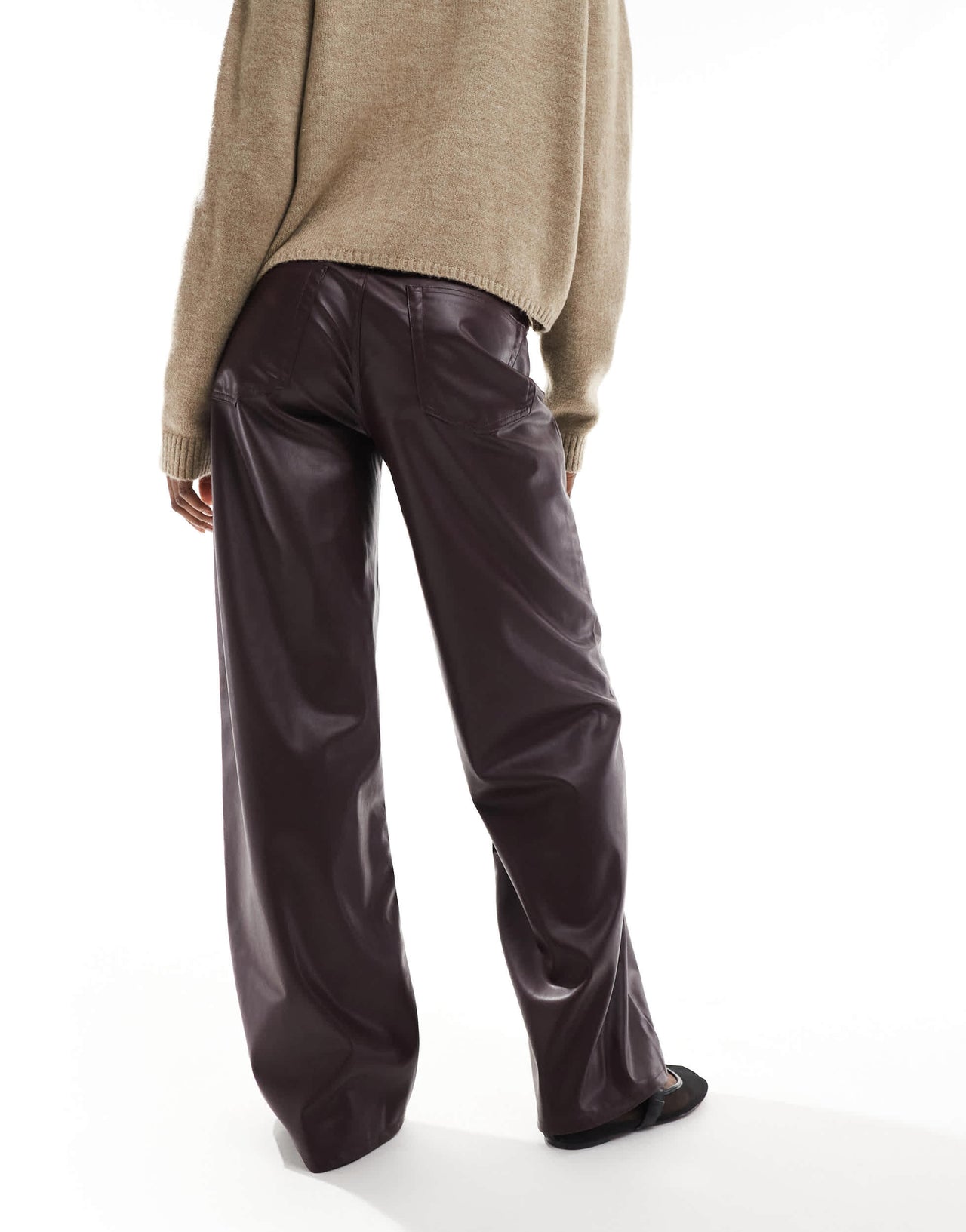Pull&Bear wide leg faux leather trouser in burgundy
