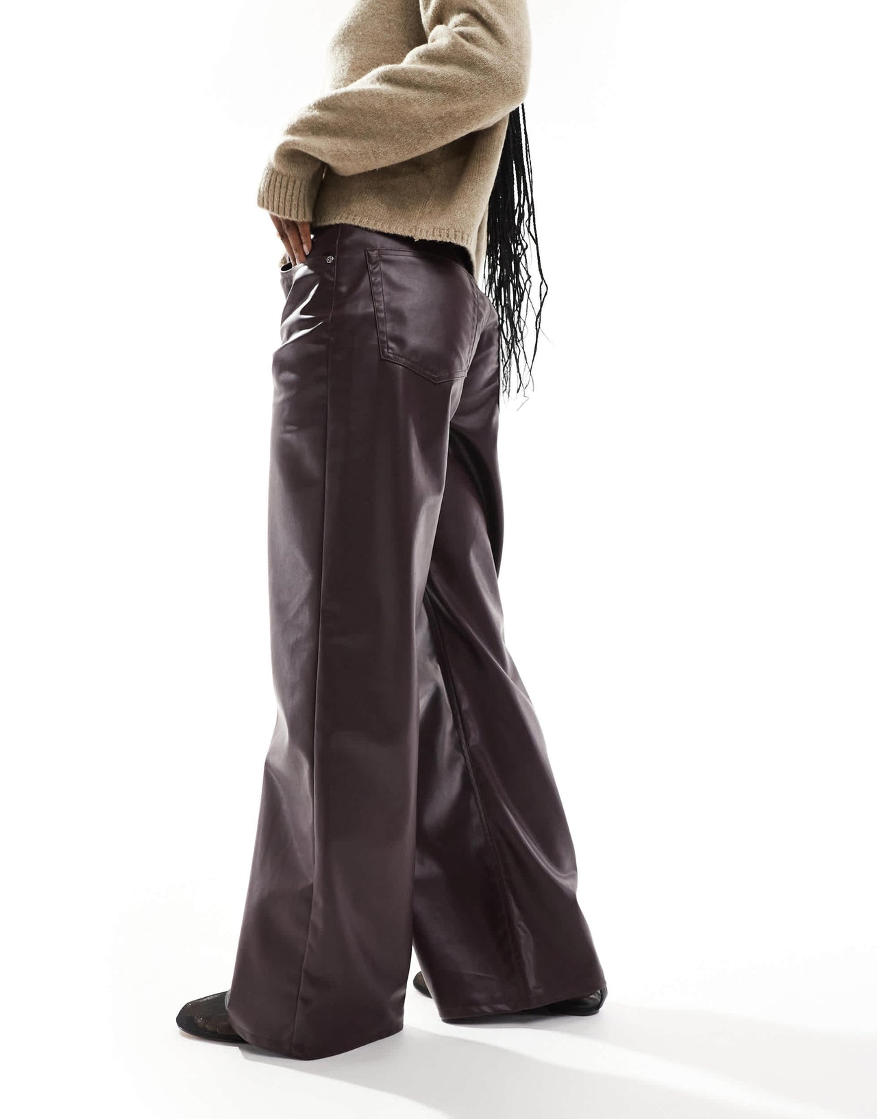 Pull&Bear wide leg faux leather trouser in burgundy