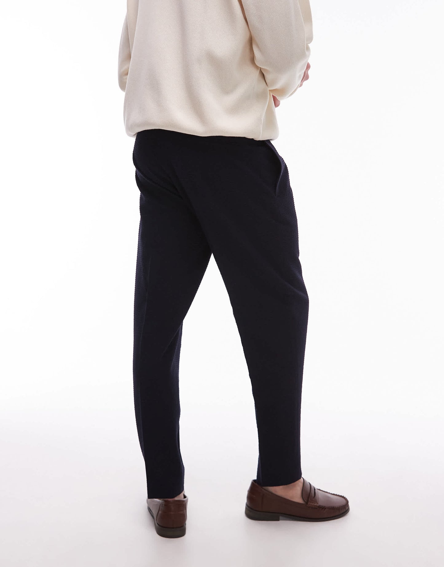 Topman seersucker tapered trousers in navy