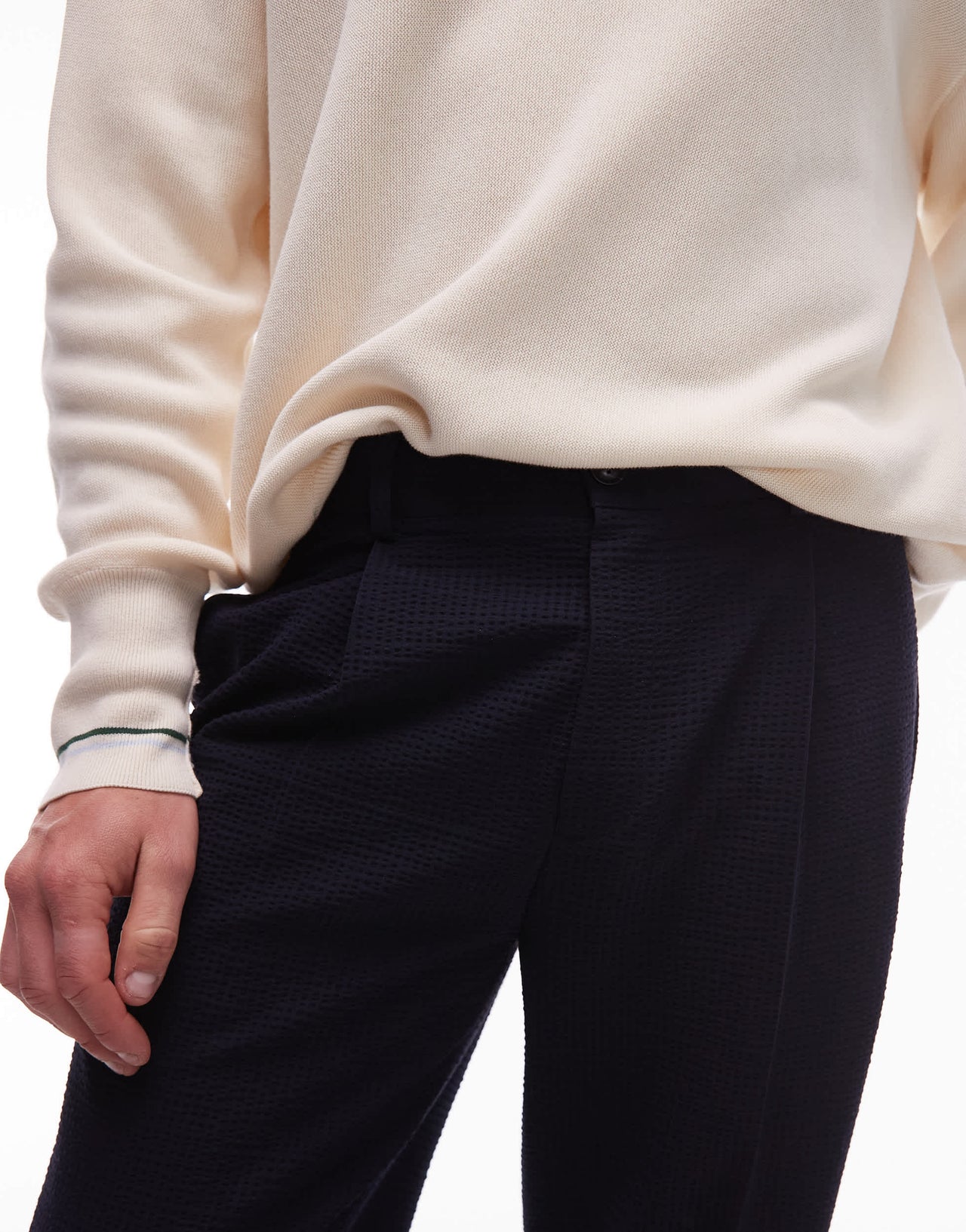 Topman seersucker tapered trousers in navy