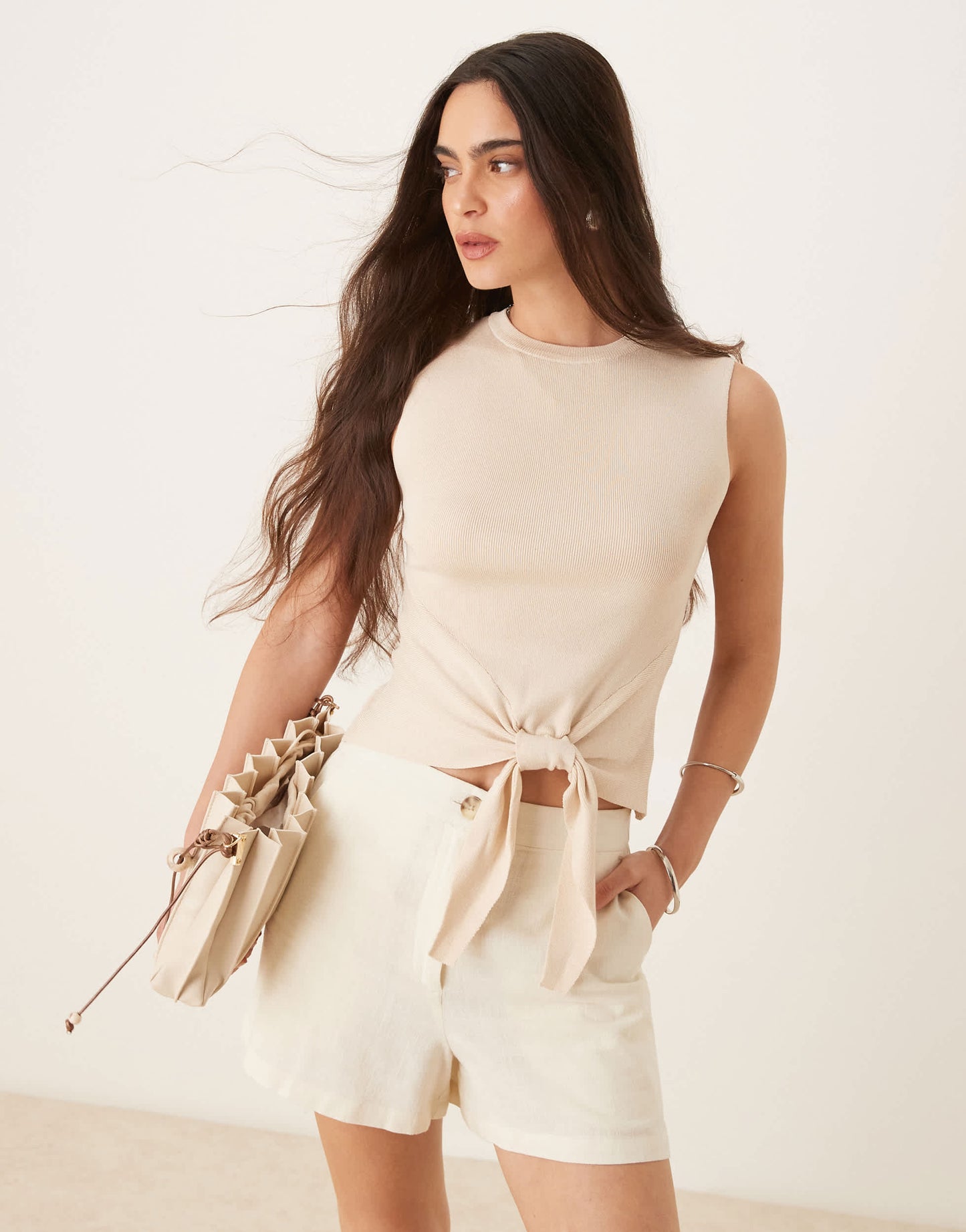 JDY front tie high neck knitted tank top in beige
