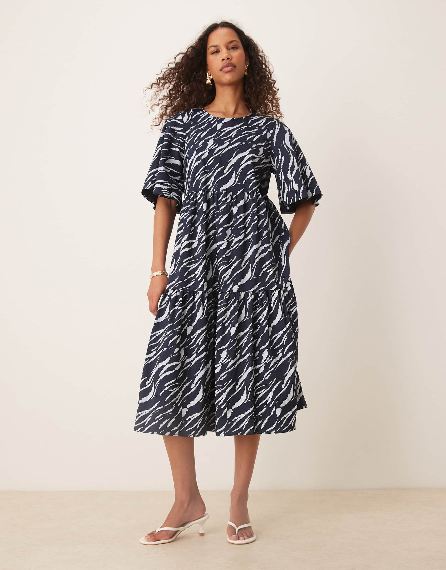 JDY tiered short sleeve midi dress in navy zebra print
