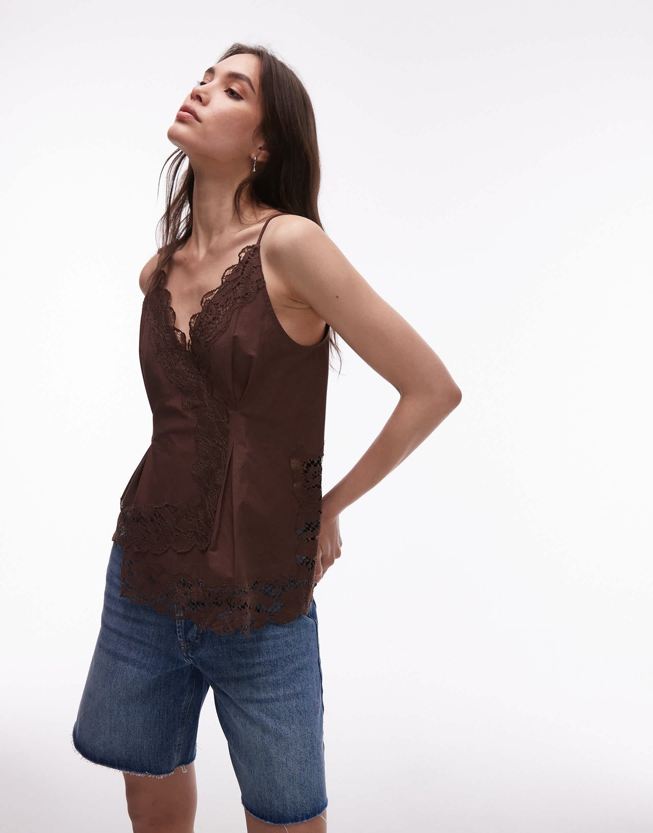 Topshop lace asymmetric hem cami in chocolate