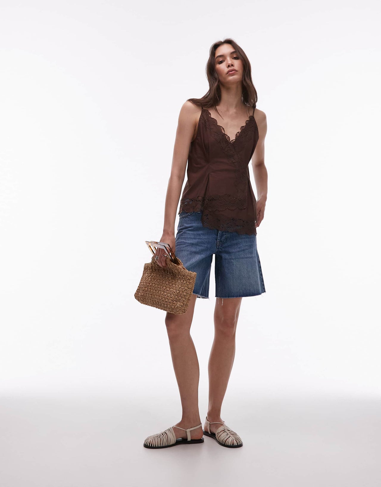 Topshop lace asymmetric hem cami in chocolate