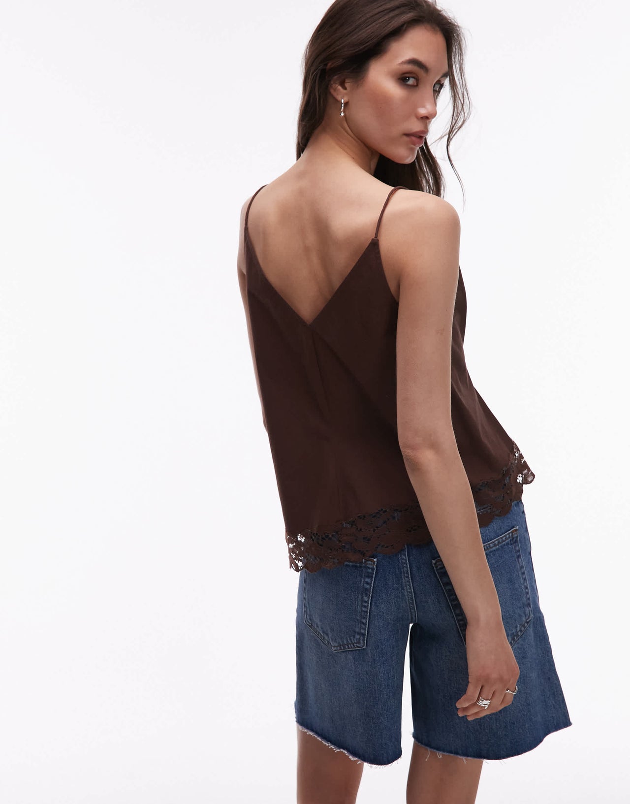 Topshop lace asymmetric hem cami in chocolate