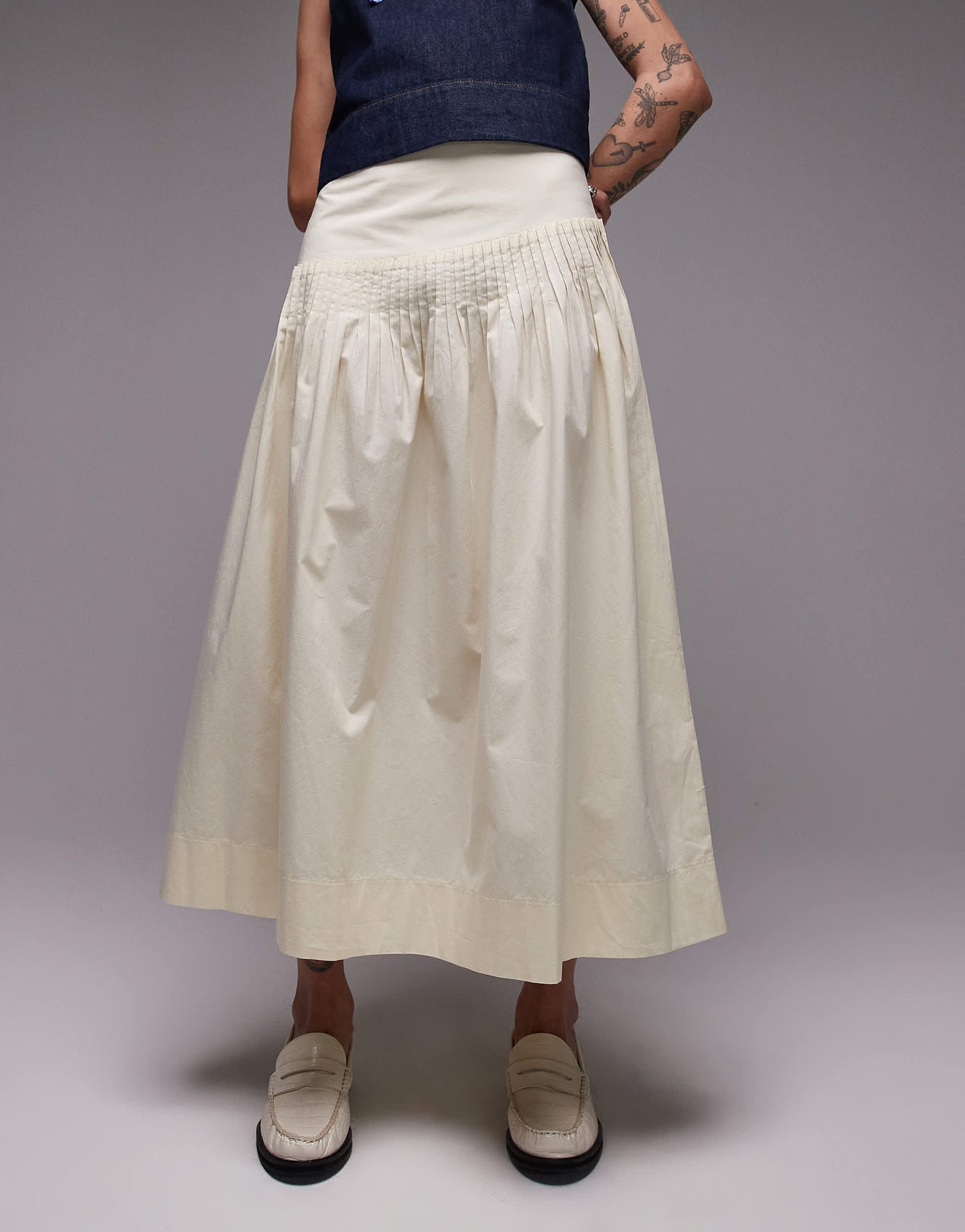 Topshop pintuck poplin full skirt in buttermilk
