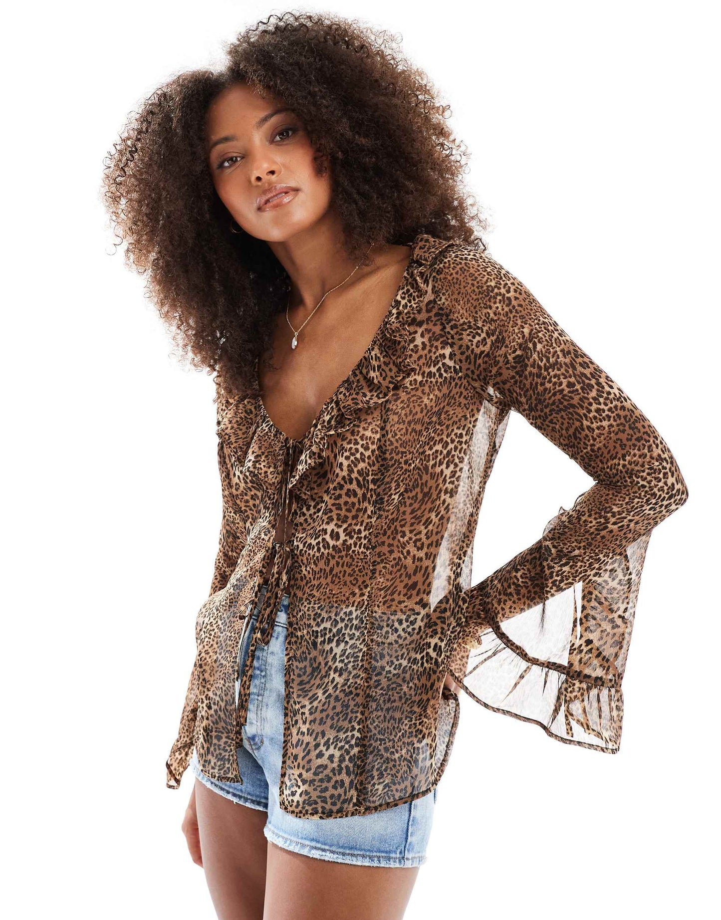 Miss Selfridge beach chiffon tie front cover up in leopard print