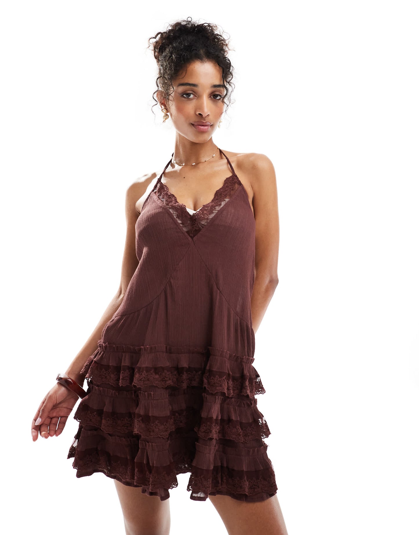 Miss Selfridge beach cheesecloth dropped waist mini dress in chocolate