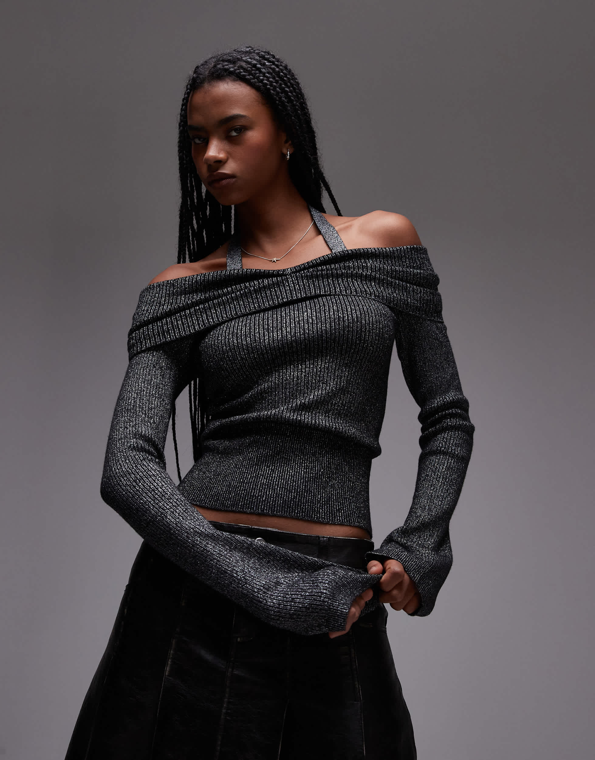 Mango halterneck and bardot long sleeve knitted top in grey