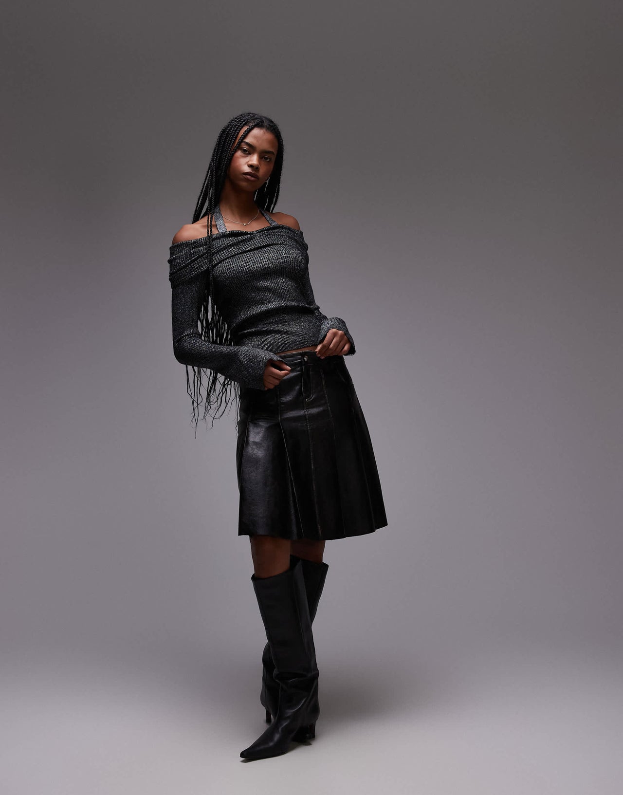 Mango halterneck and bardot long sleeve knitted top in grey