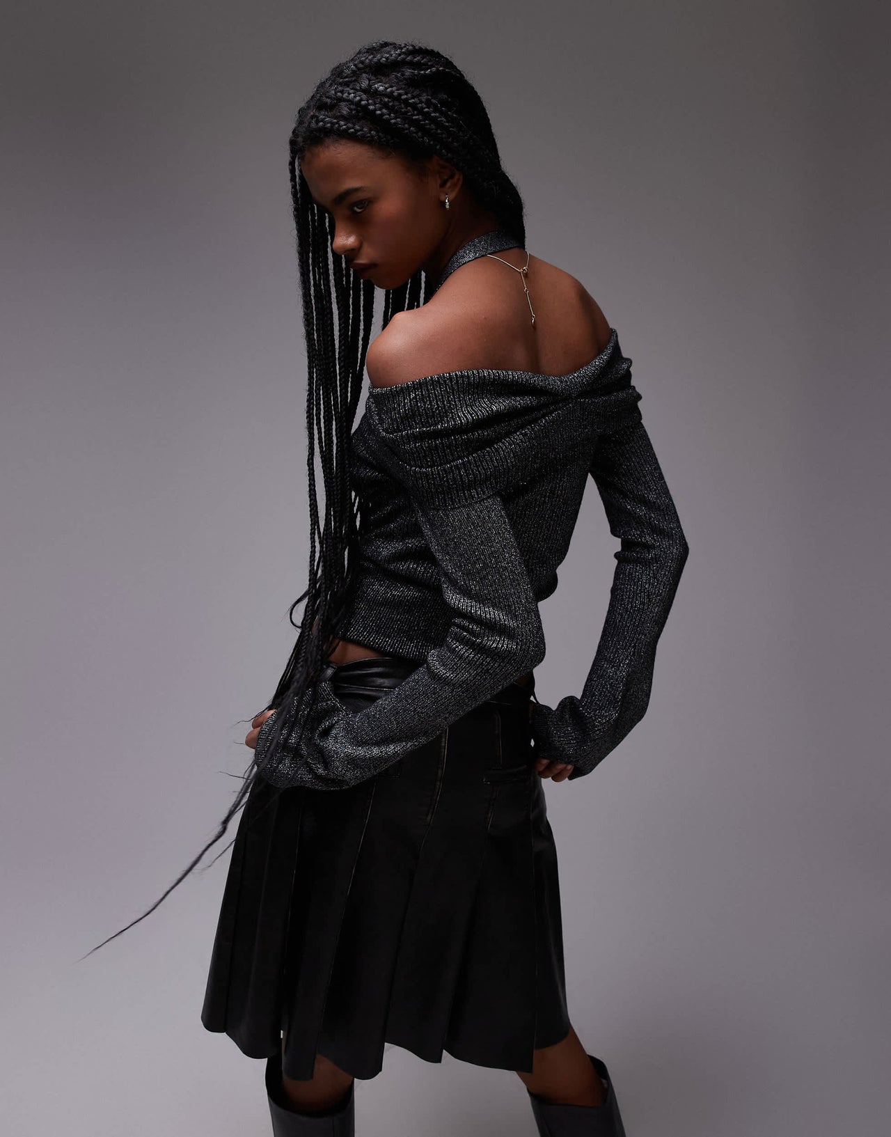 Mango halterneck and bardot long sleeve knitted top in grey