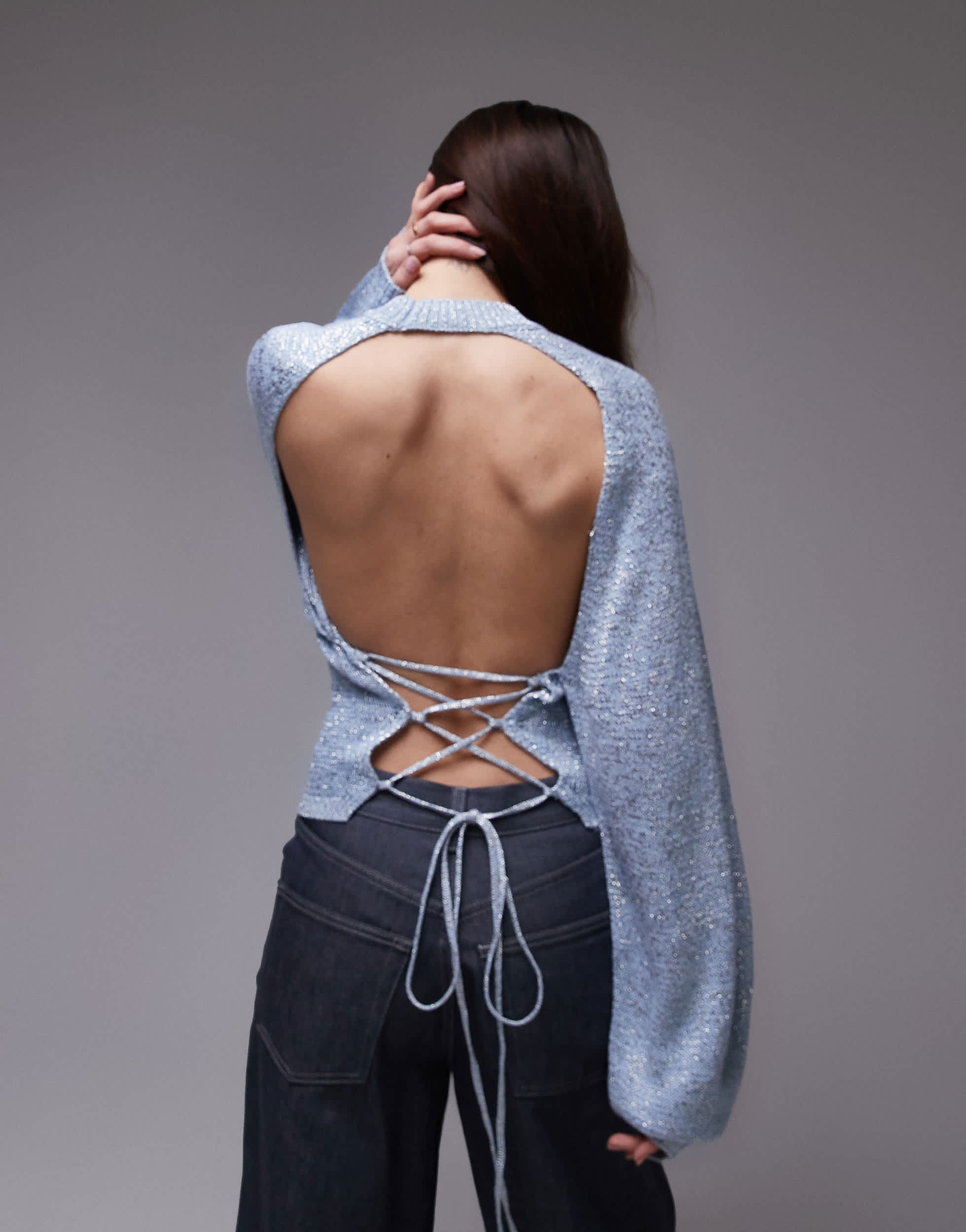 Mango tie up open back jumper in grey