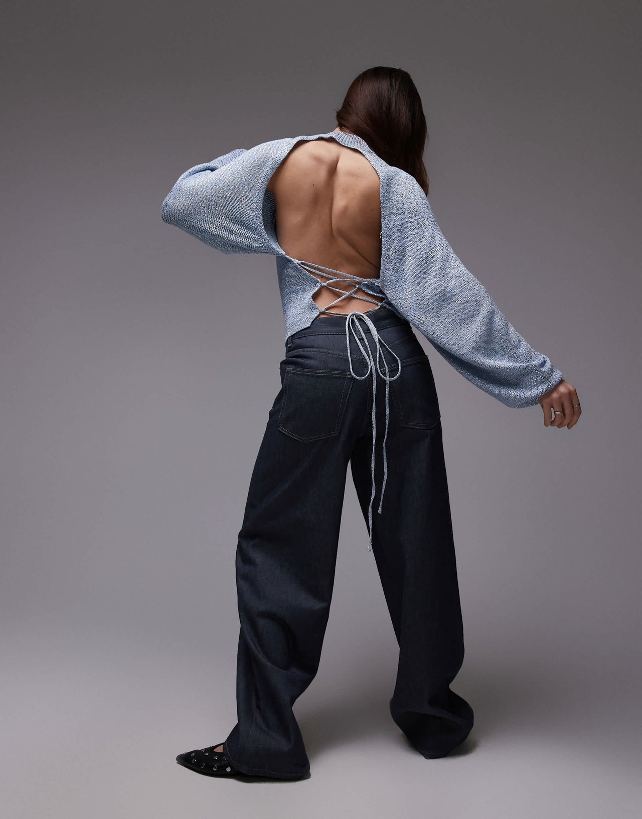 Mango tie up open back jumper in grey