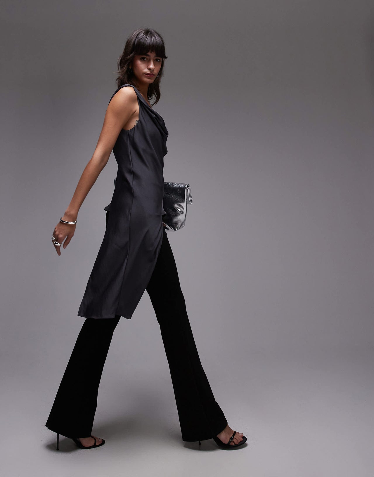 Mango silky aysmmetric drape top in grey