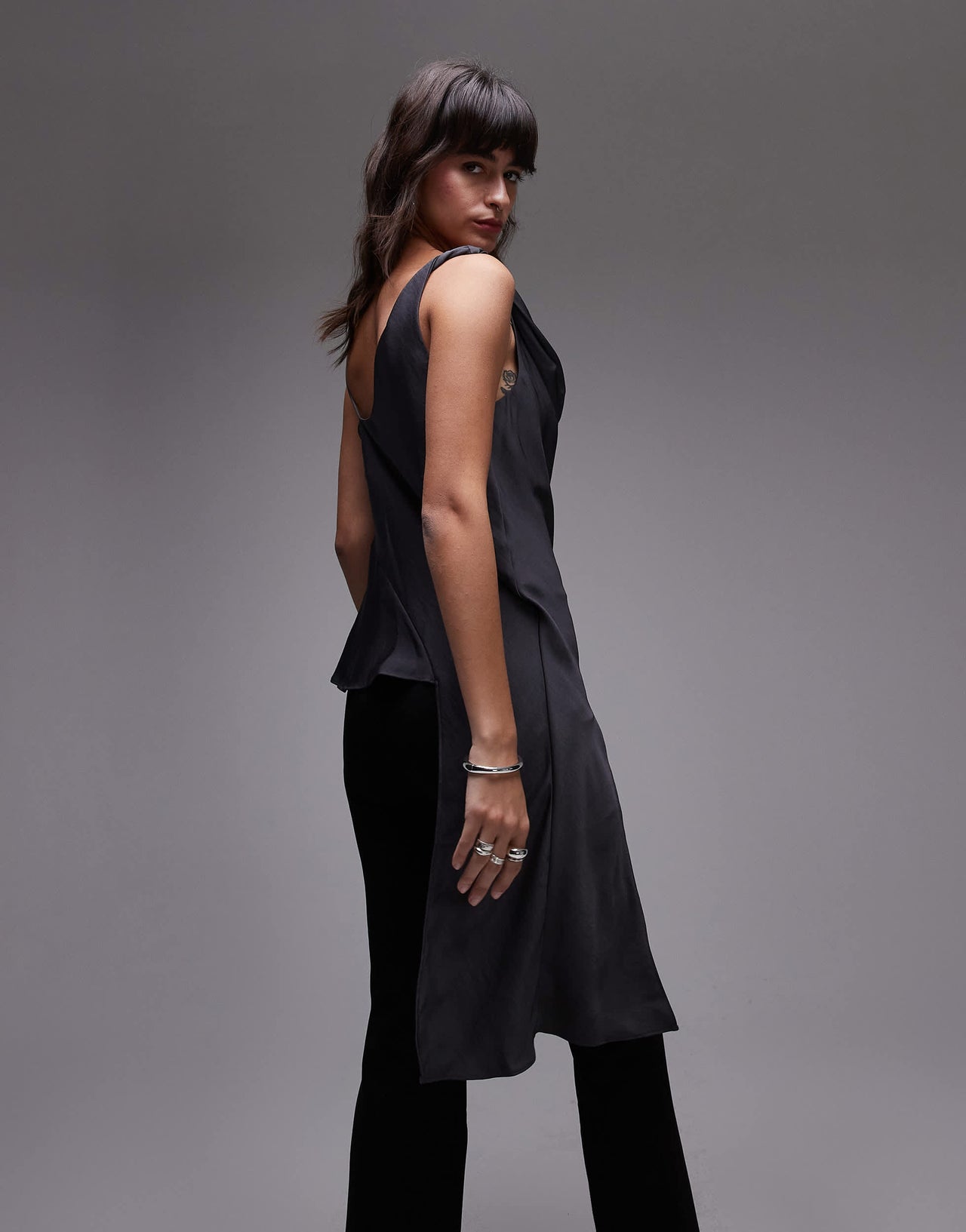 Mango silky aysmmetric drape top in grey