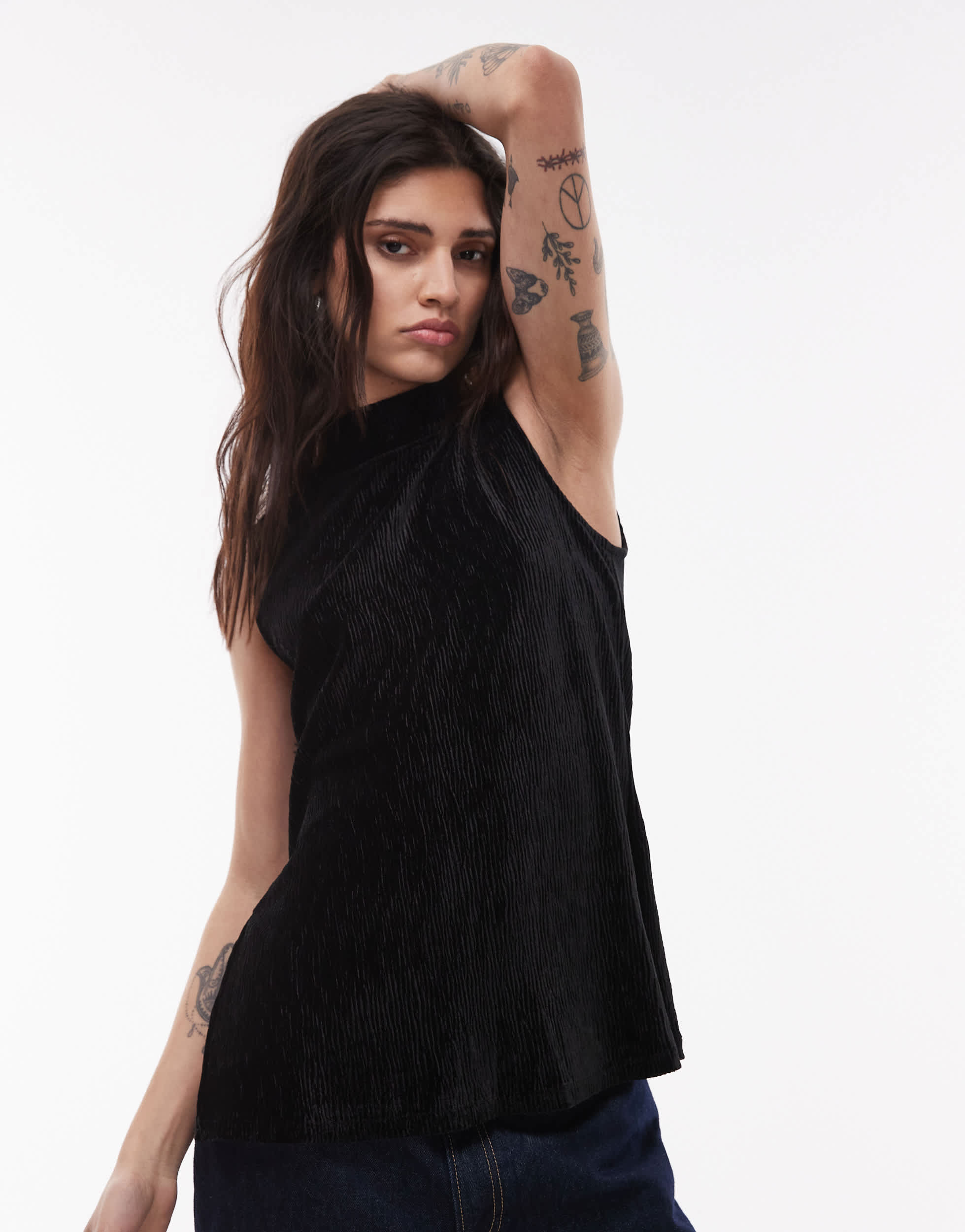 Mango plisse high neck sleeveless top in black