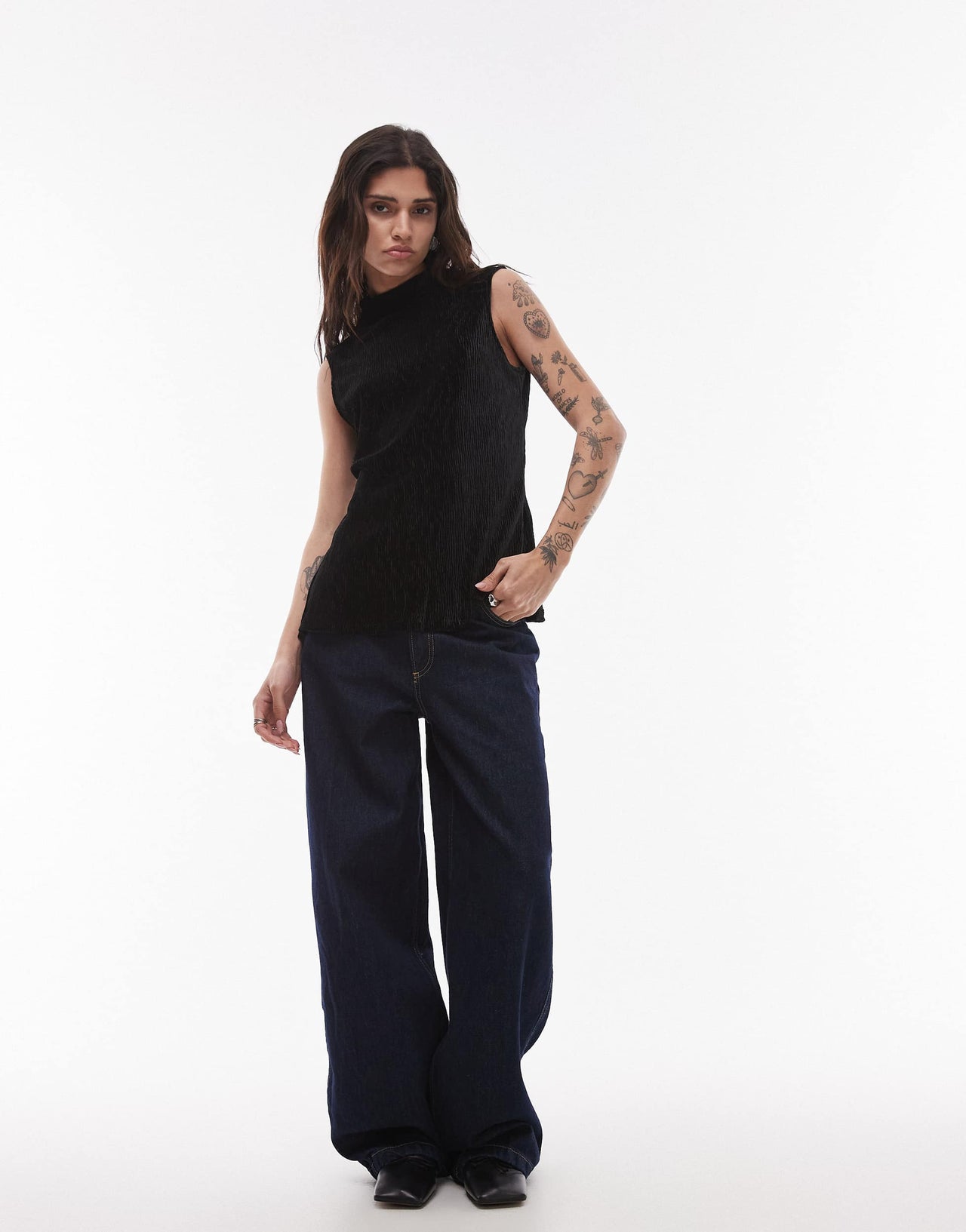 Mango plisse high neck sleeveless top in black