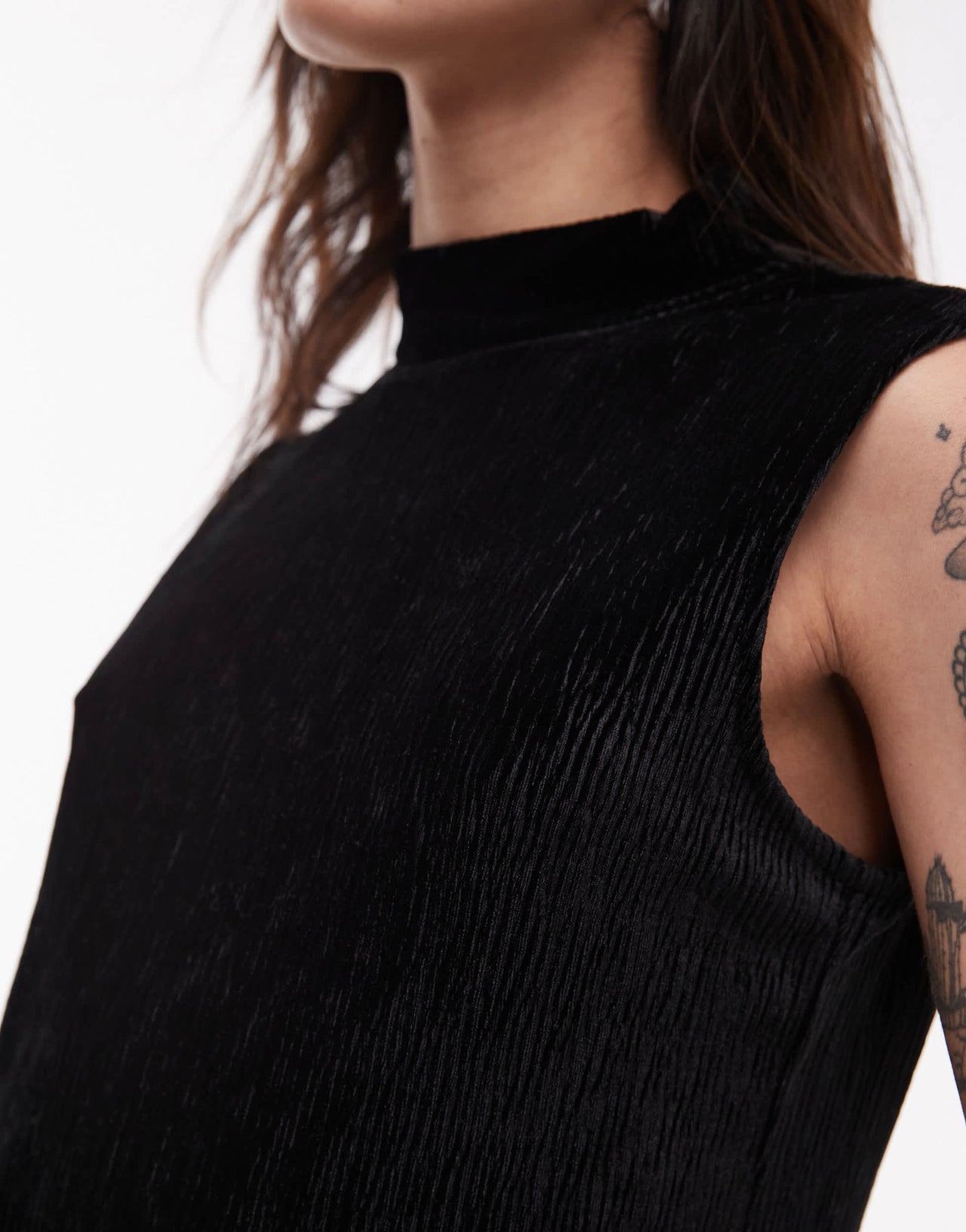 Mango plisse high neck sleeveless top in black