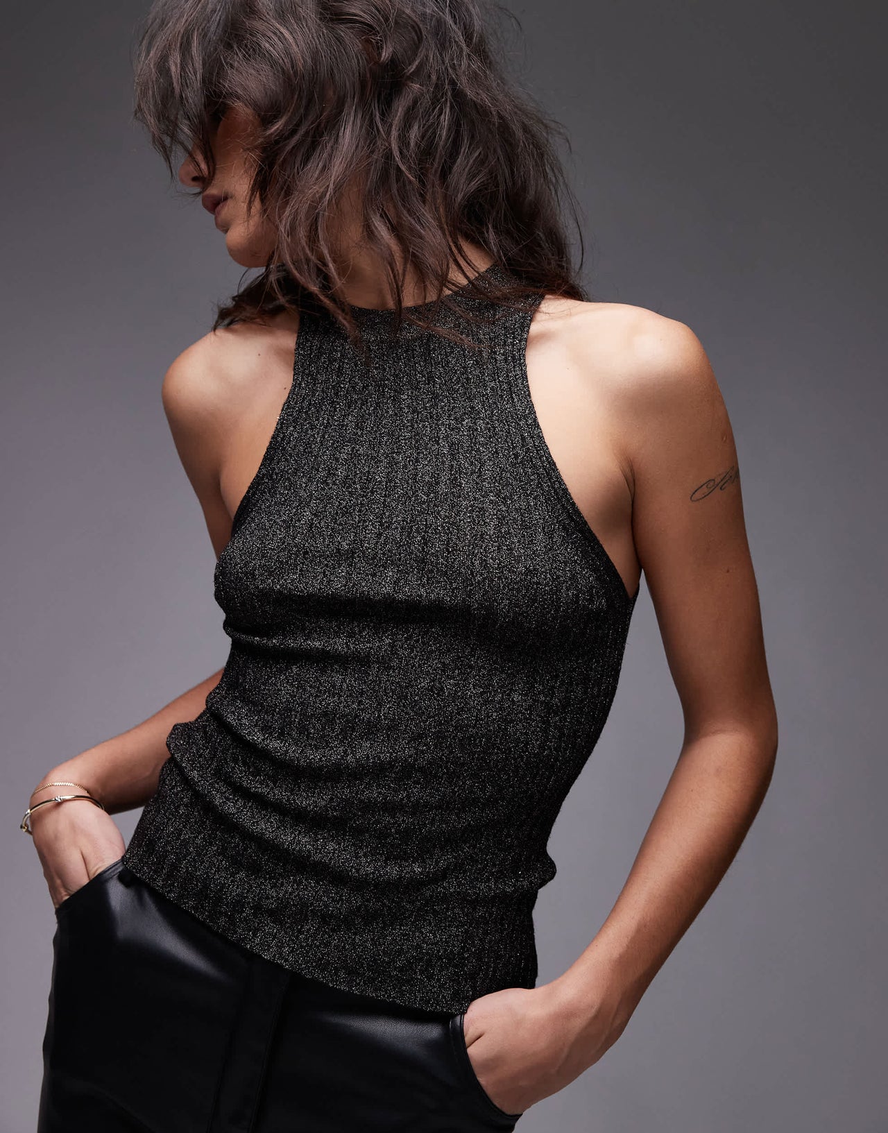 Mango shimmer knitted sleeveless top in silver