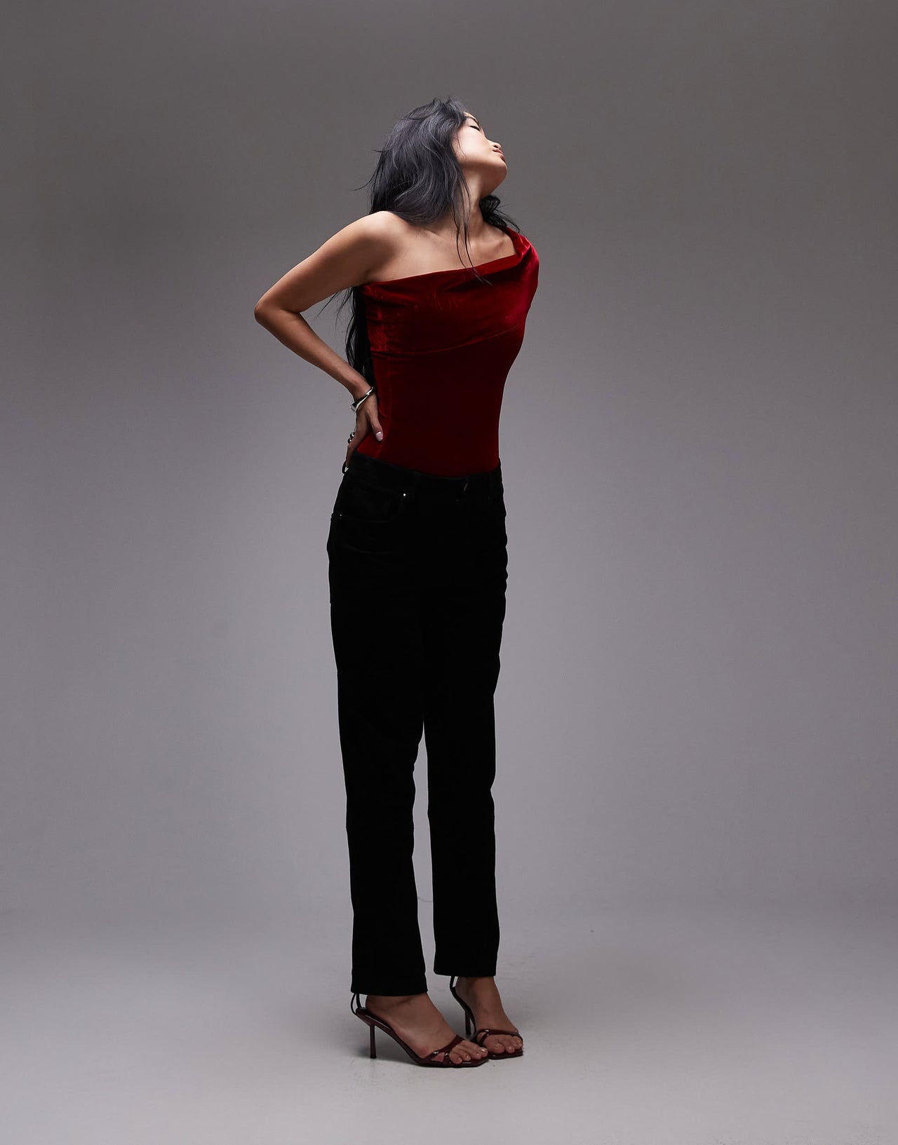 Mango velvet one shoulder bodysuit in red