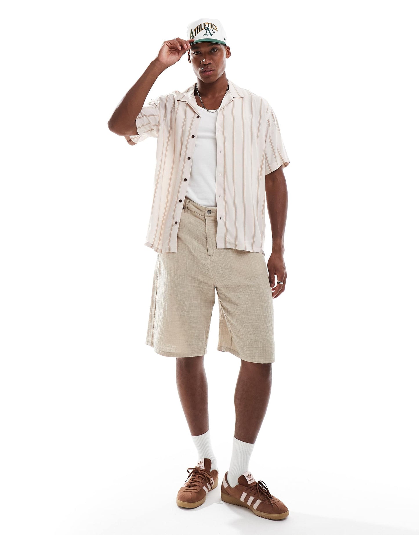 JJ Rebel revere collar short sleeve shirt with stripe in beige