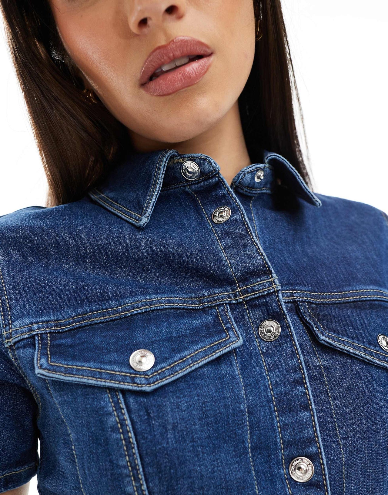 Pimkie denim cinched waist button through mini dress in blue wash