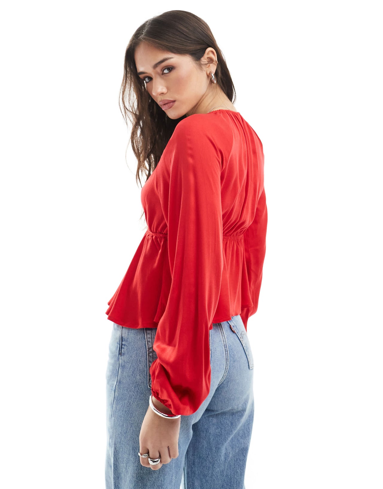 Pimkie tie front long sleeve peplum top in red
