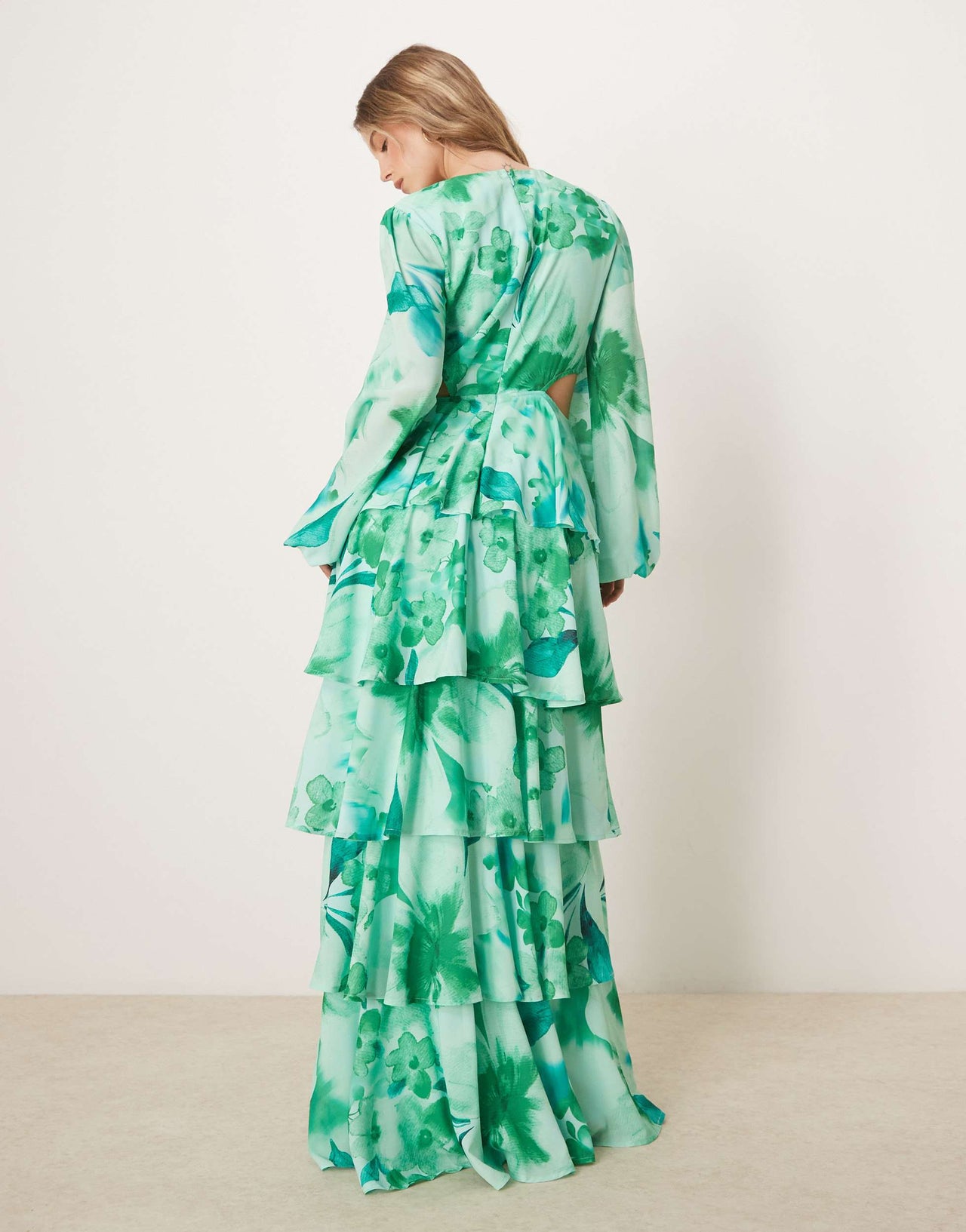 Pretty Lavish cut out tiered ruffle maxi dress in green floral print