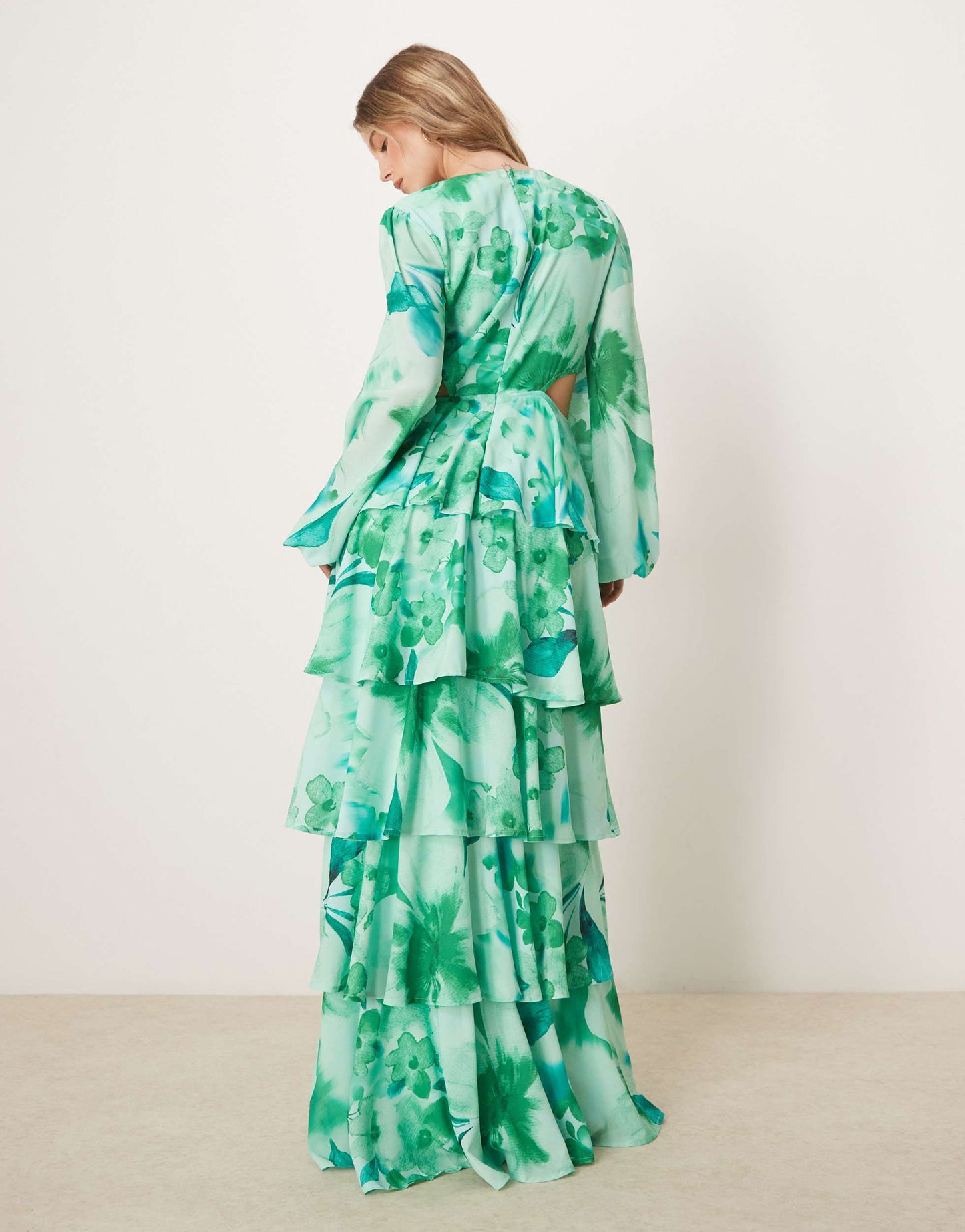 Pretty Lavish cut out tiered ruffle maxi dress in green floral print