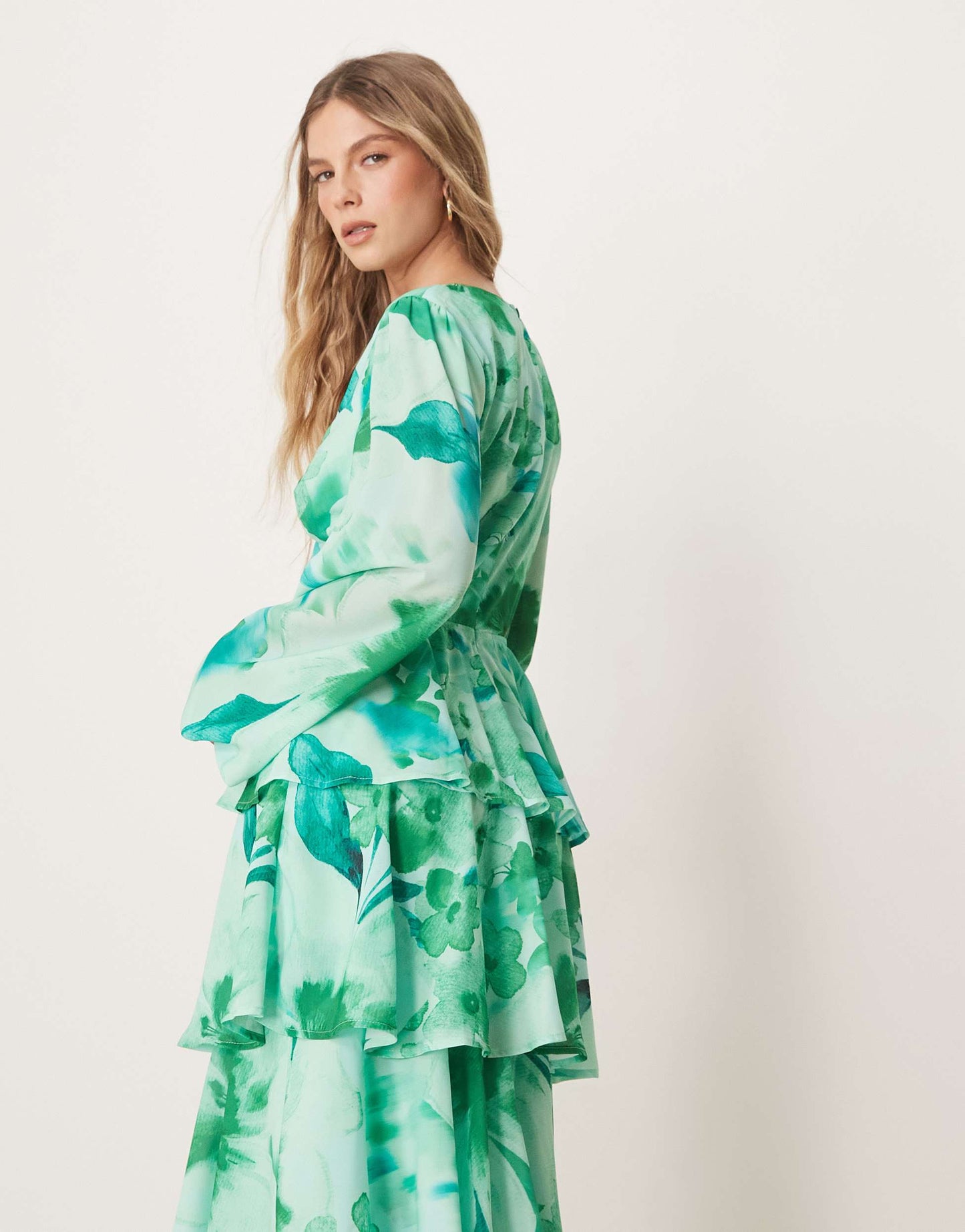 Pretty Lavish cut out tiered ruffle maxi dress in green floral print