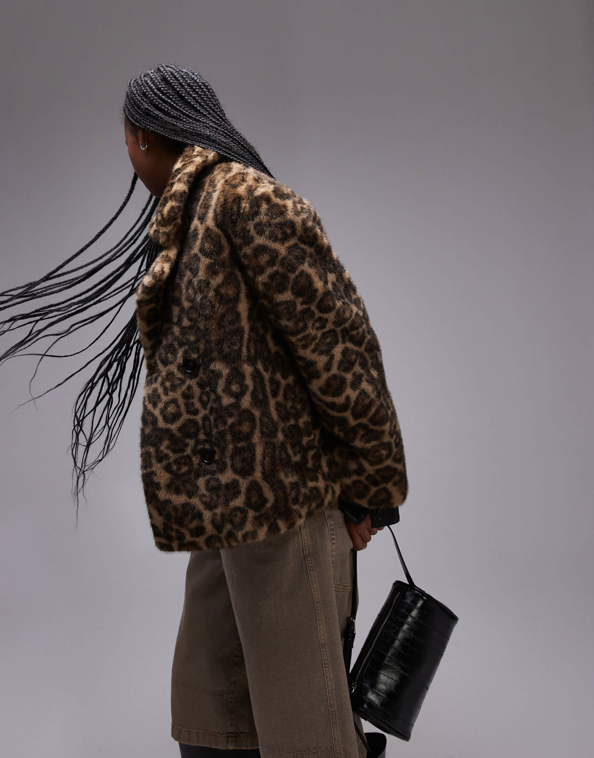 Mango leopard print fur jacket in brown