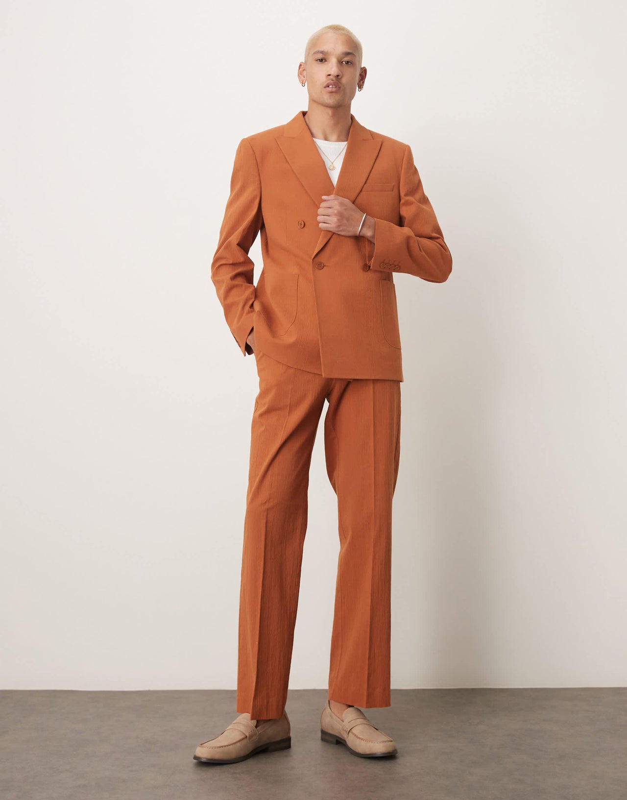 ASOS DESIGN slim double breasted suit jacket in rust crinkle texture