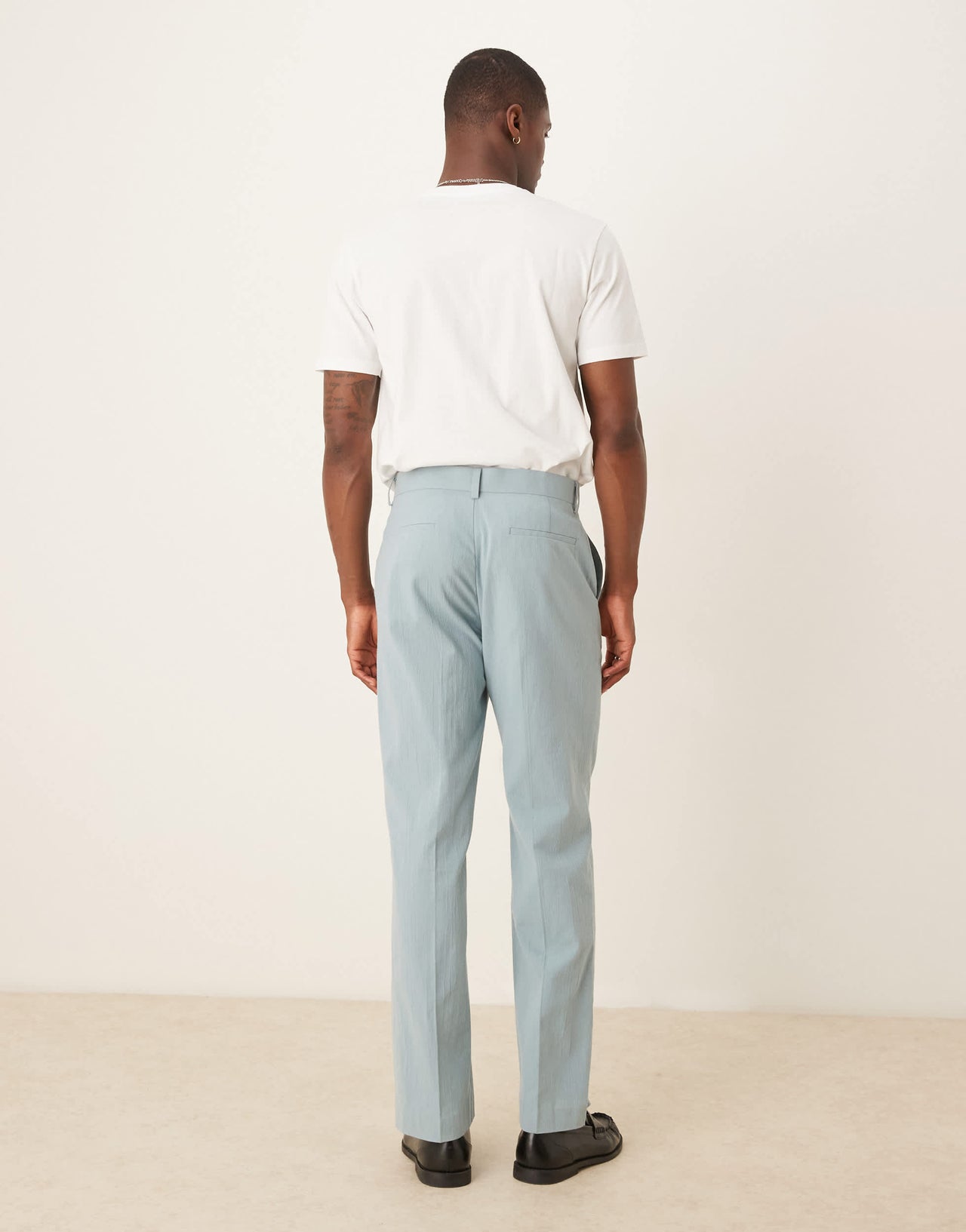 ASOS DESIGN straight suit trousers in light blue crinkle texture