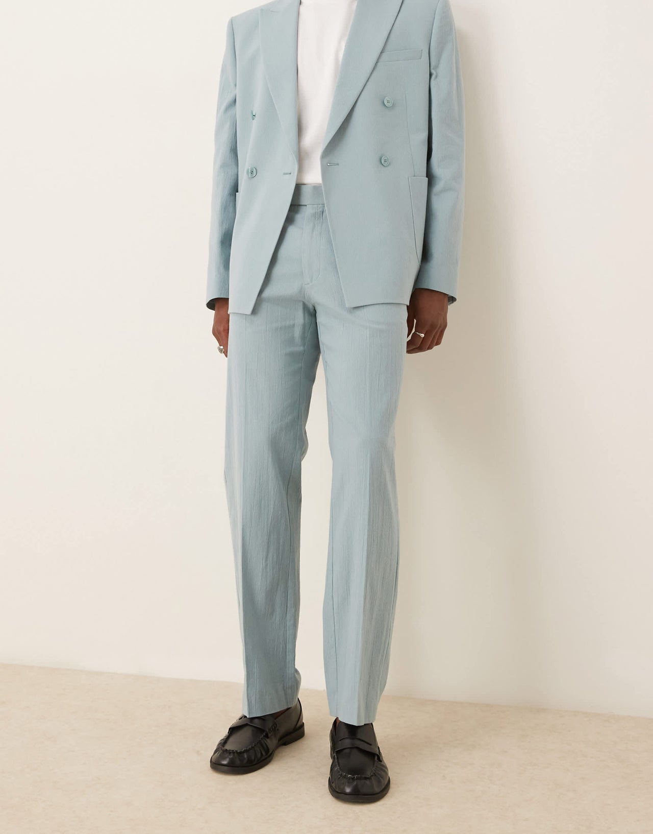 ASOS DESIGN straight suit trousers in light blue crinkle texture