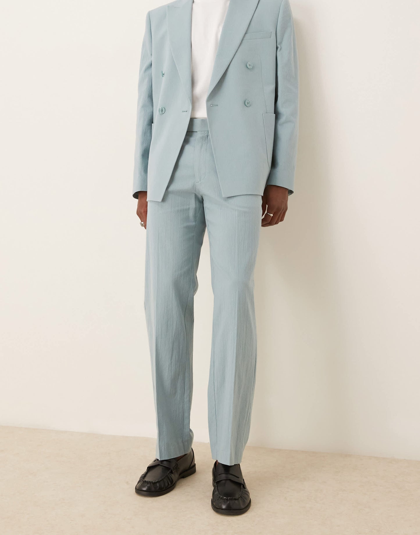 ASOS DESIGN straight suit trousers in light blue crinkle texture