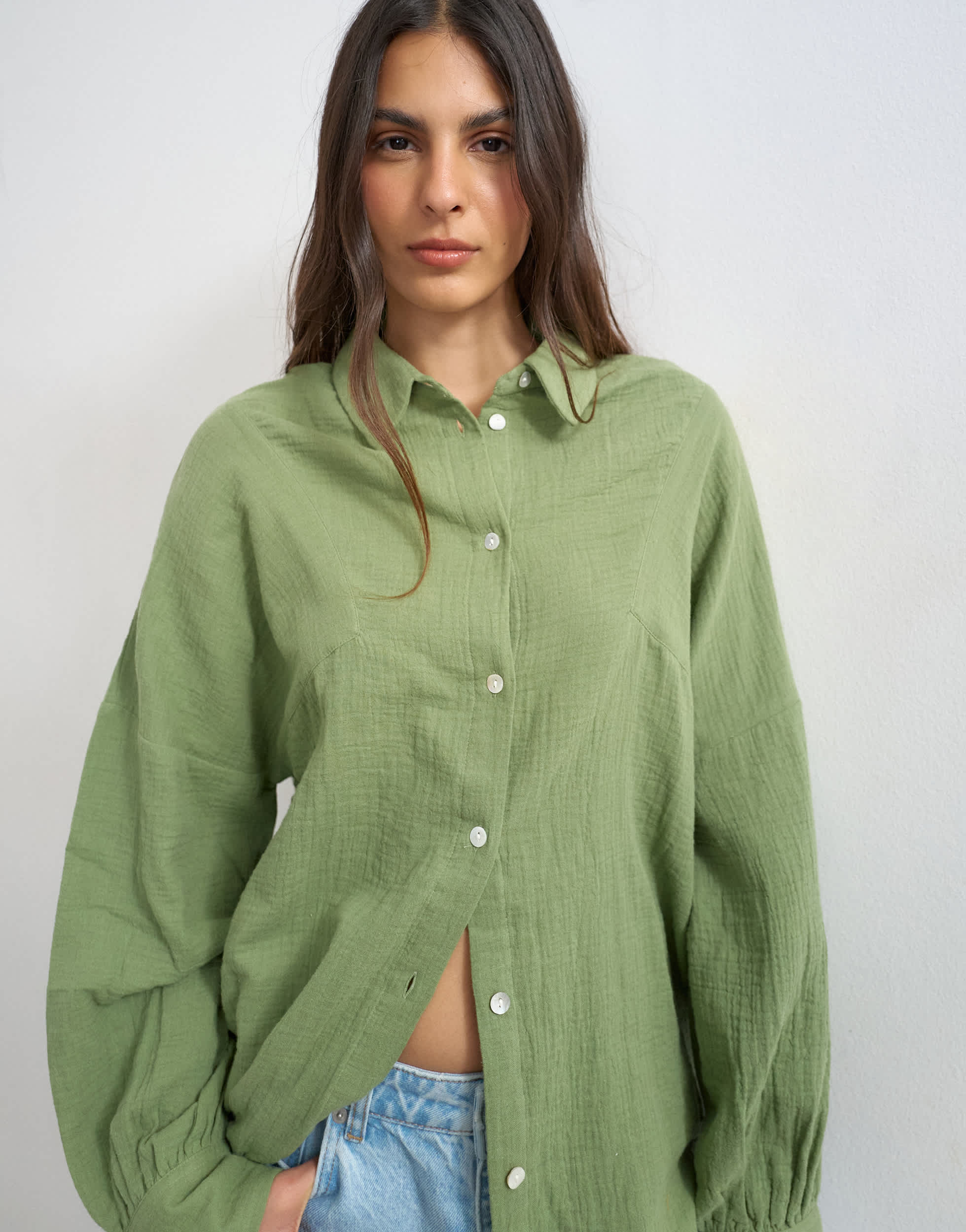 Topshop cotton casual angled armhole shirt in khaki