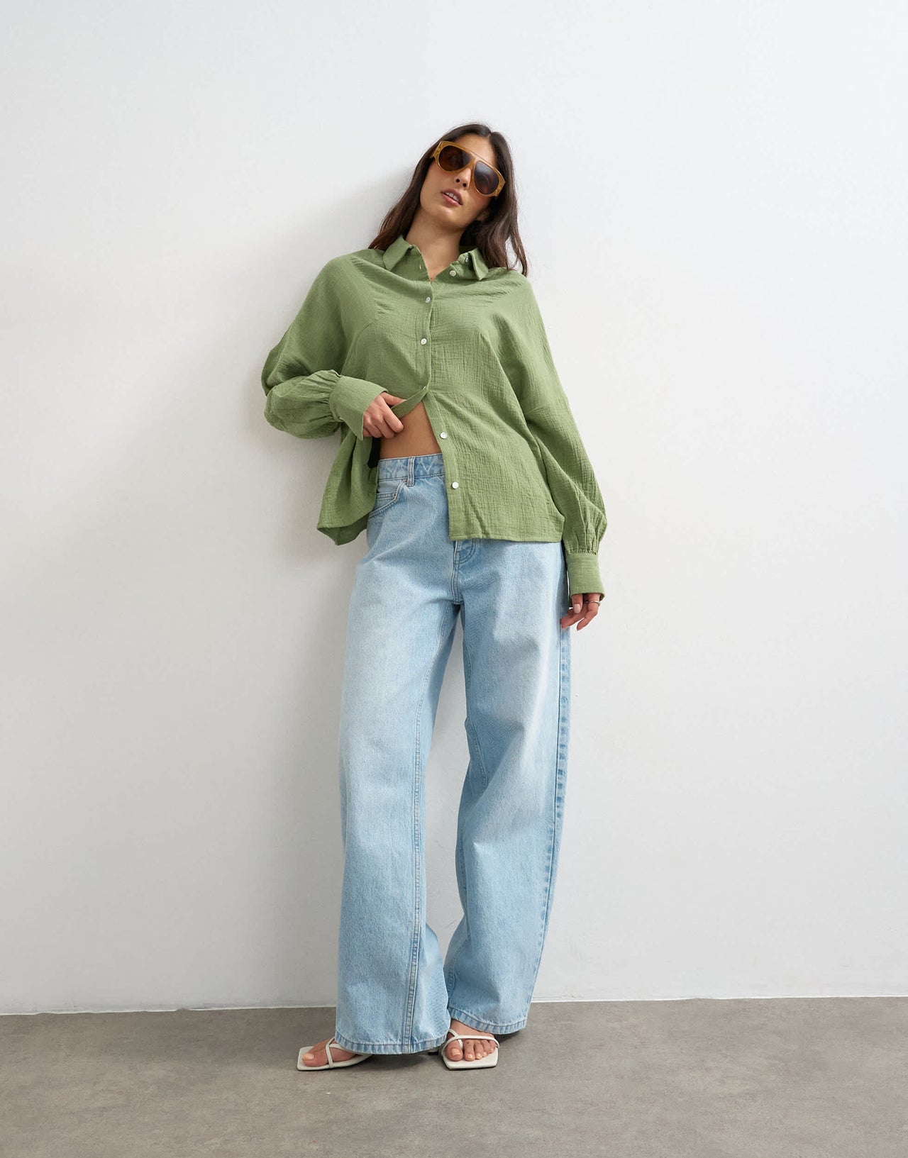 Topshop cotton casual angled armhole shirt in khaki