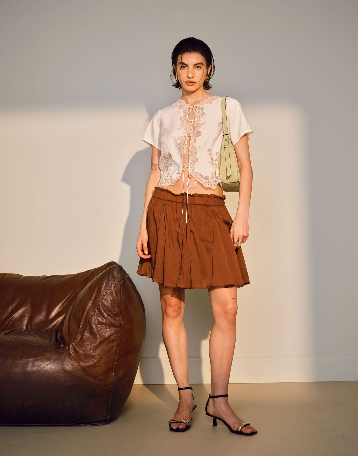 Topshop cotton flippy mini skirt with godets in brown