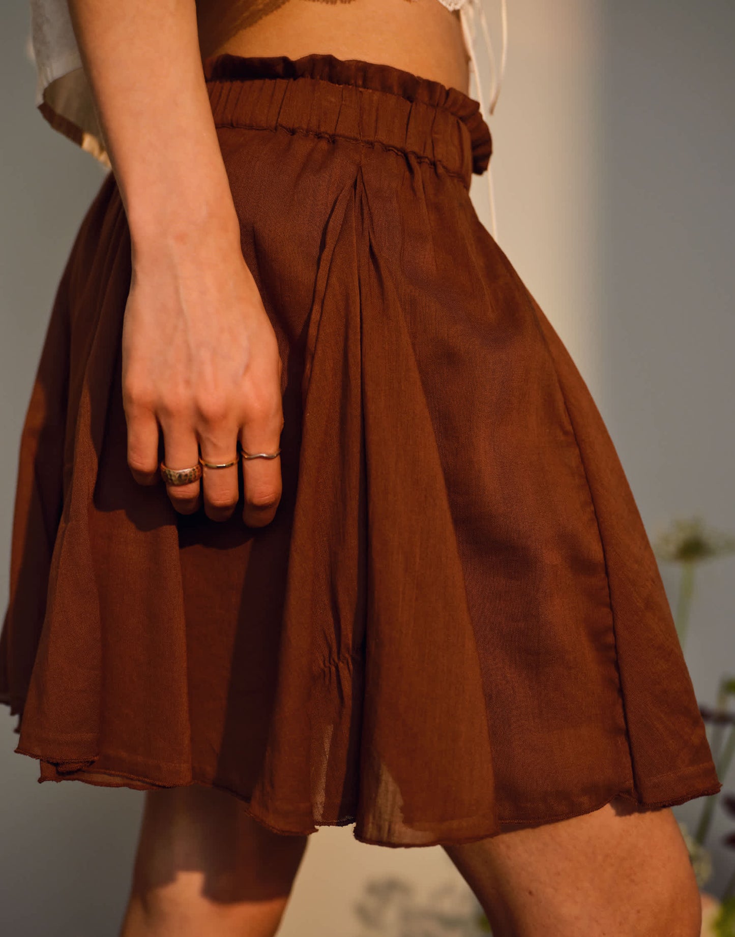 Topshop cotton flippy mini skirt with godets in brown