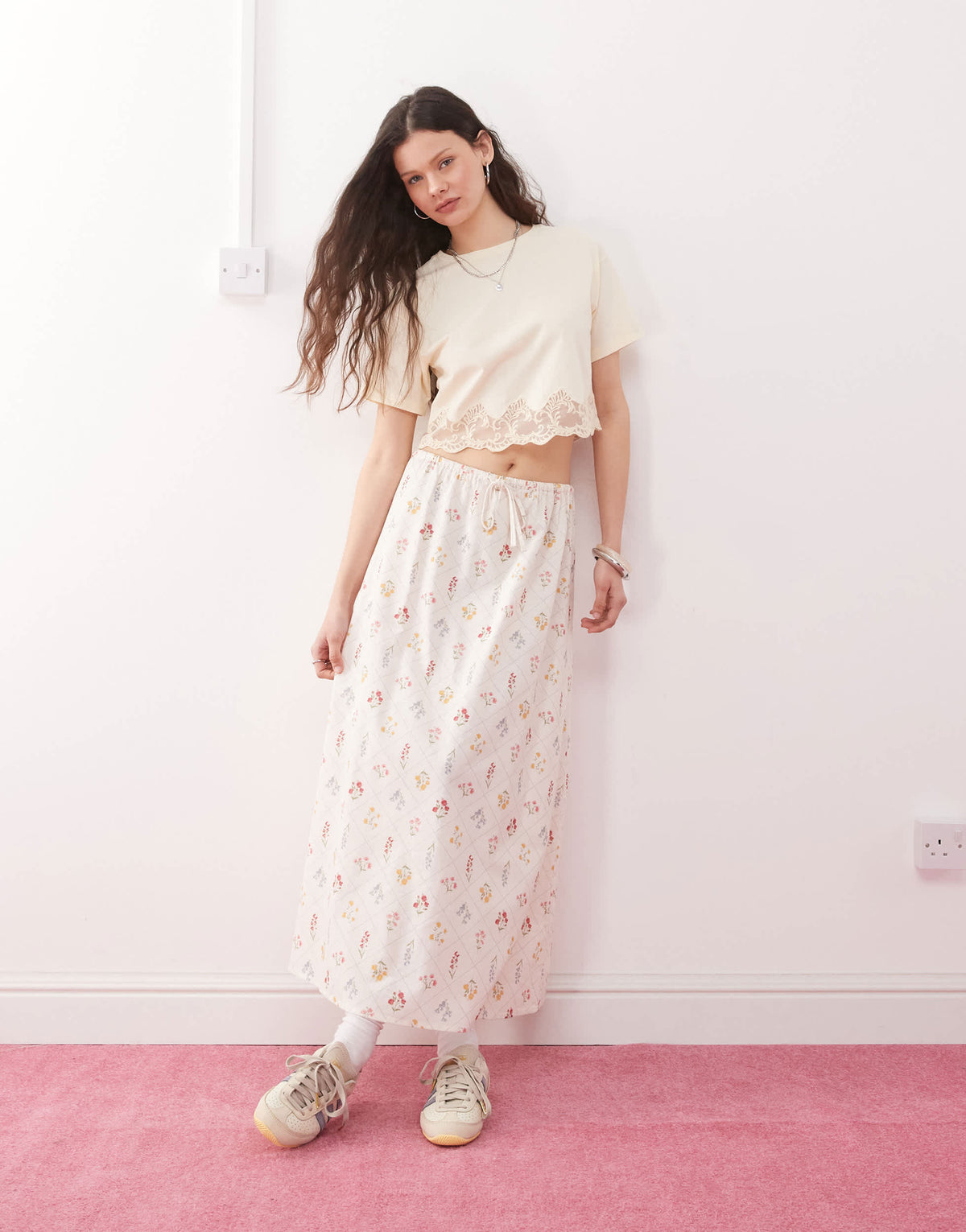 Miss Selfridge linen midi slip skirt in cream floral print
